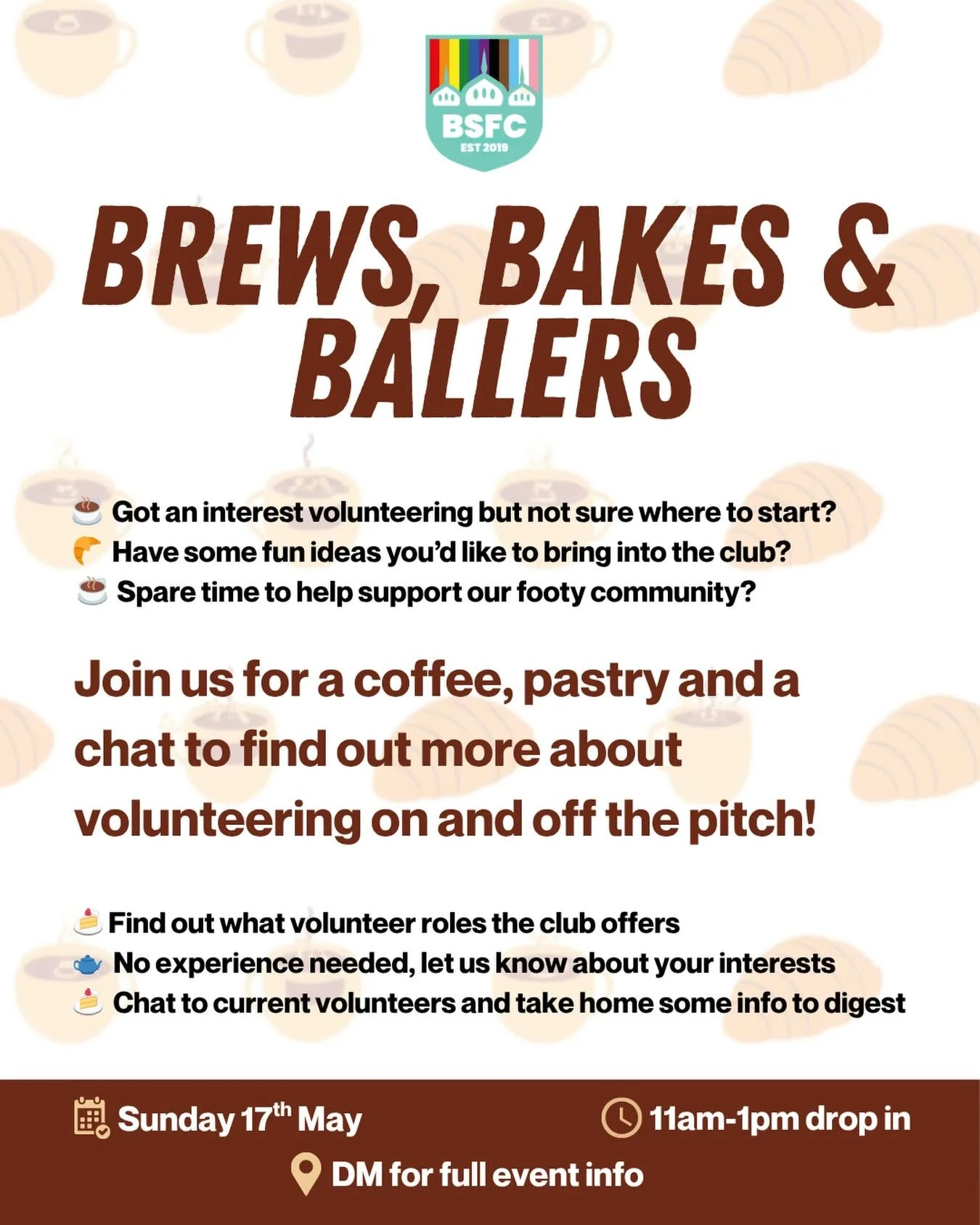 ☕️ Coffee 🤝 Pastry 🤝 Volunteering 🥐

If you&rsquo;ve ever thought about volunteering with us - whether that&rsquo;s on the pitch or behind the scenes - slide into the DMs and join us for a coffee and a chat this Sunday. 

No pressure, no commitmen