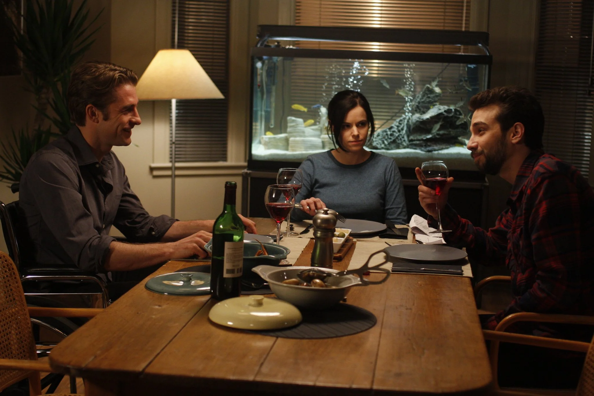 Three people sat at a dinner table drinking wine in Good Neighbours (2010) film