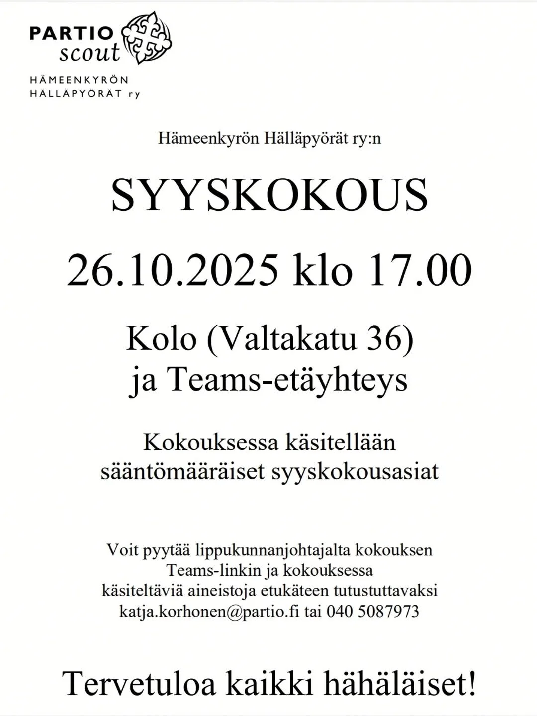 Tervetuloa syyskokoukseen!