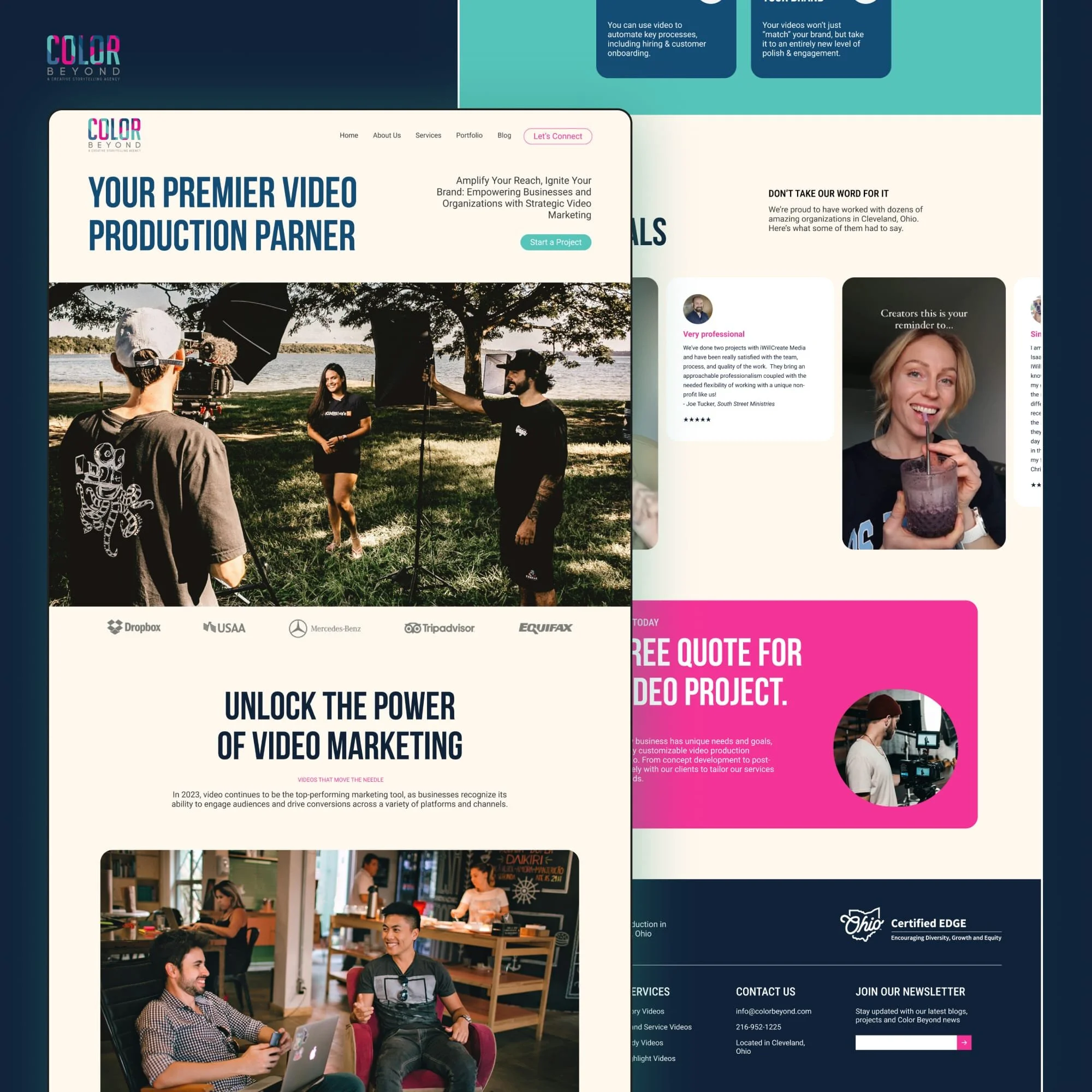 Mockup of custom Squarespace website for video production agency 'Color Beyond'