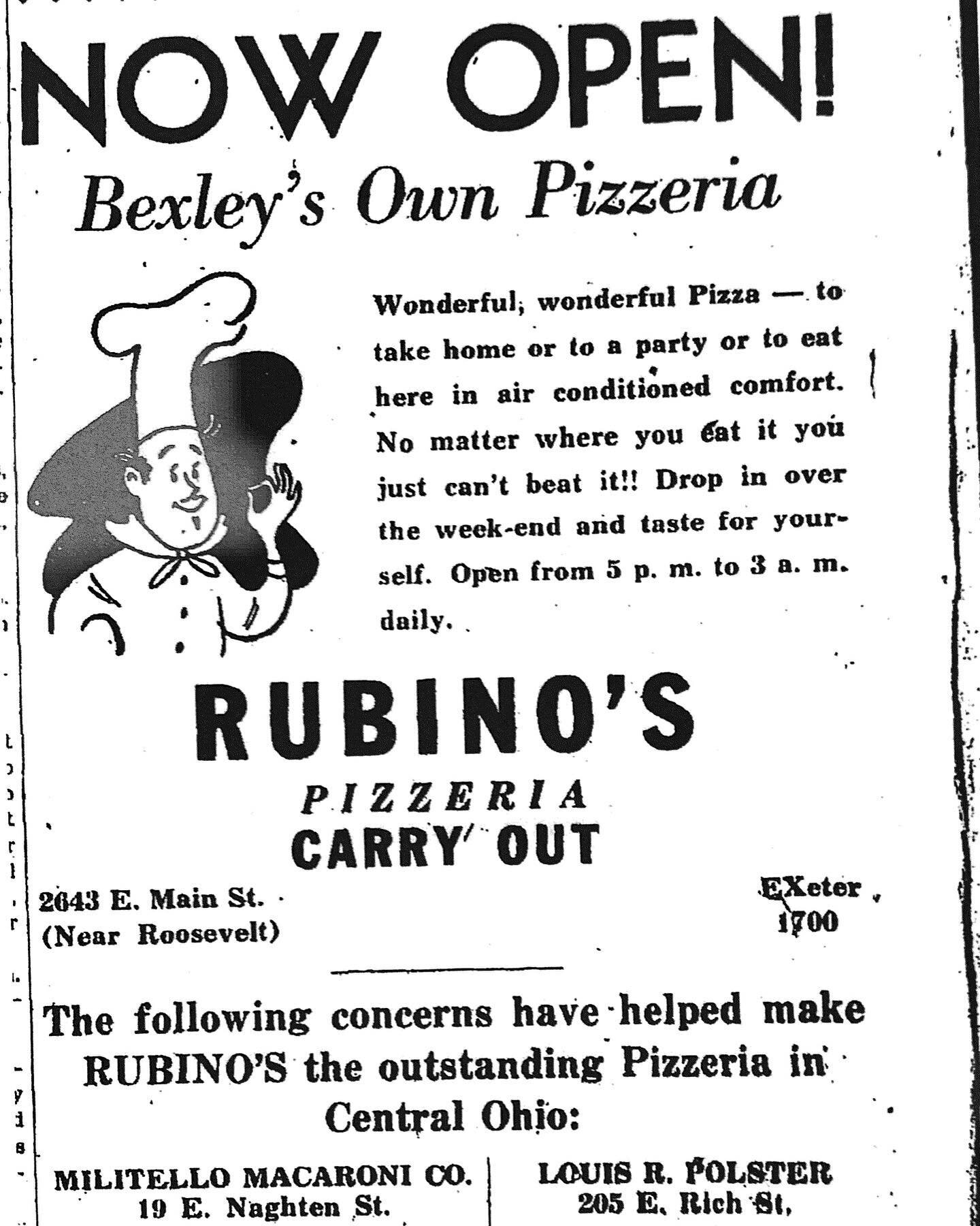 Good morning Bexley! Take a peek at our first EVER advertisement from 1954. We&rsquo;re proud to call Bexley home and plan to stick around for as long as people keep coming, which seems like it will be forever! 
.
.
.
#bexleyohio #columbuspizza #colu