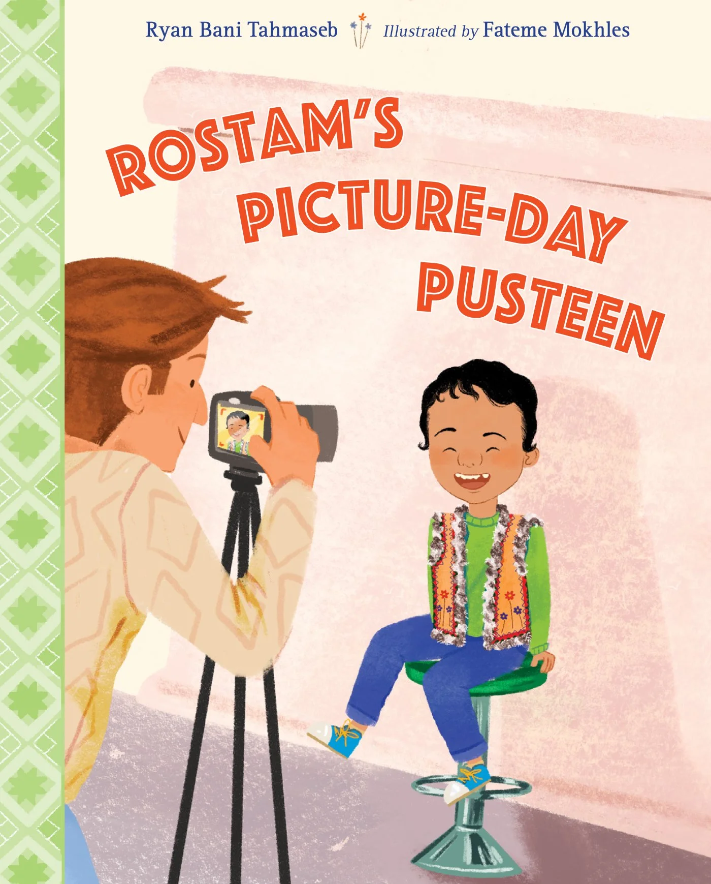 Illustrated book cover featuring a child sitting on a stool and smiling while having their photo taken by a photographer. The child is wearing a colorful vest over a green shirt and blue pants. The title 'Rostam's Picture-Day Pusteem' is prominently displayed.