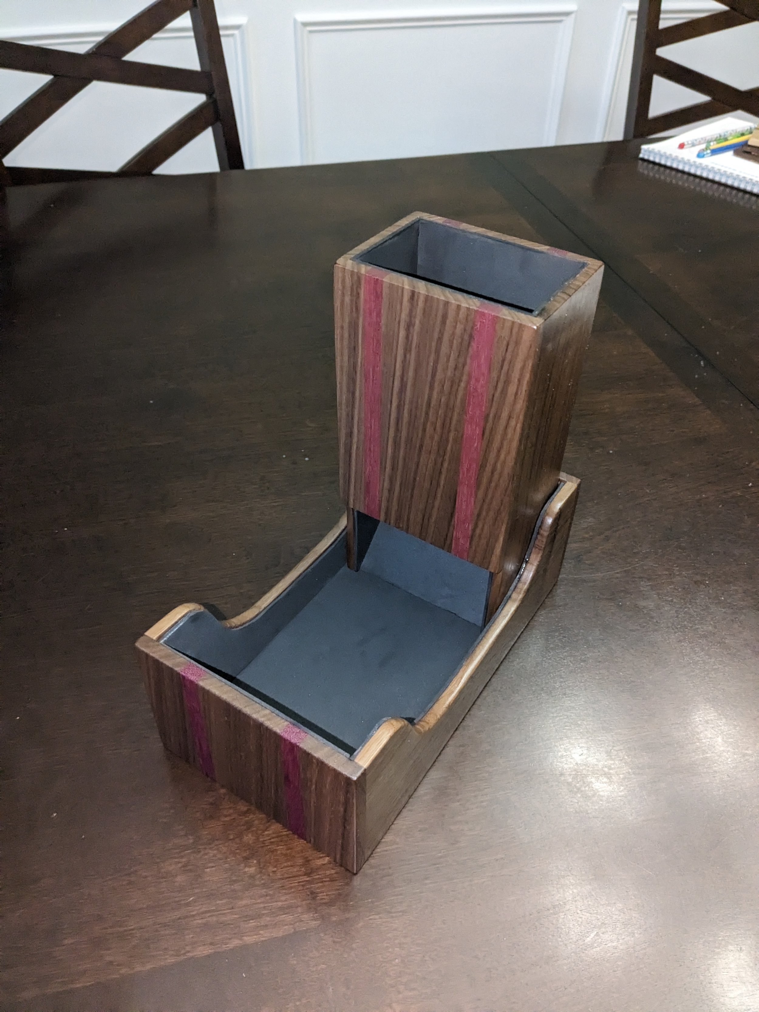 Ninja Dice Tower - Walnut with Purpleheart Running Stripes, Full foam swoop tray