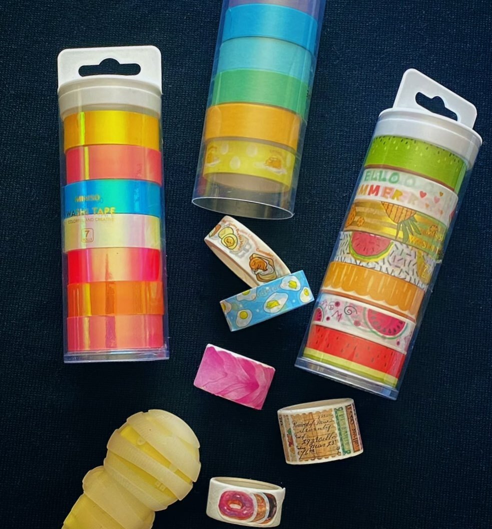 A complete tape haul from @miniso.canada ! In addition to all the washi sets, I love these iridescent adhesive tapes and the funny mummy correction tape 🎨 #stationerygoals #minisoandme