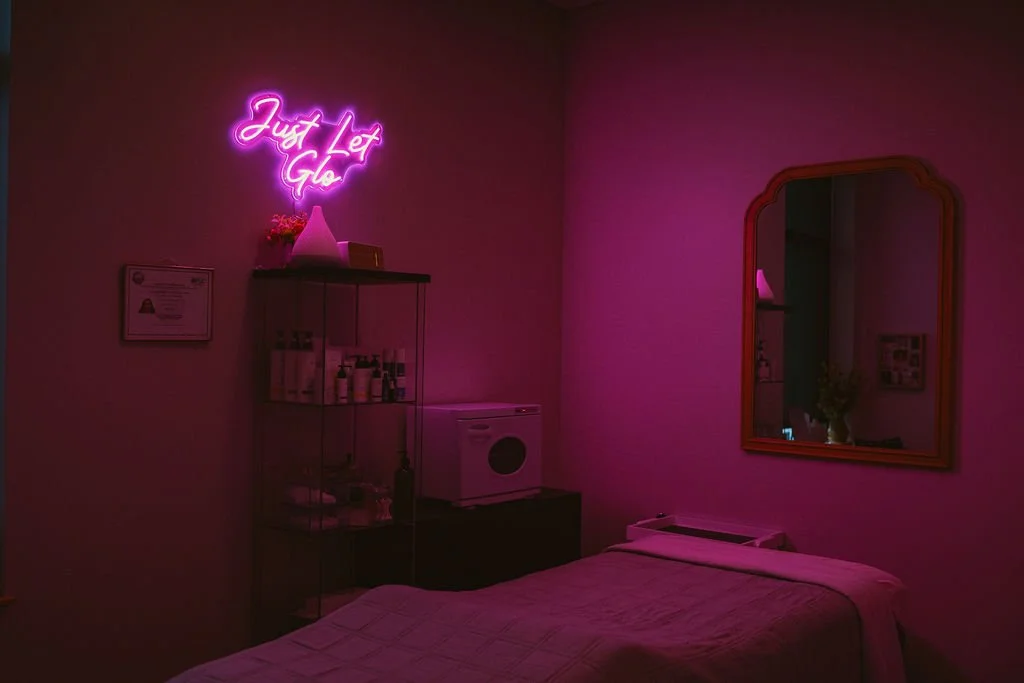 A dimly lit bedroom with pink neon lighting. There is a bed with a pink blanket, a large mirror on the wall, a shelving unit with bottles, and a neon sign that reads 'Just Let Glo' in pink.