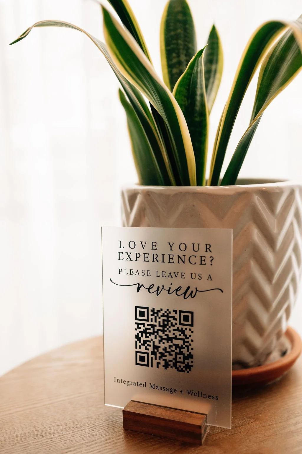 A potted plant with long green leaves featuring yellow edges. A sign in front of it invites customers to leave a review via a QR code for an integrated massage and wellness service.
