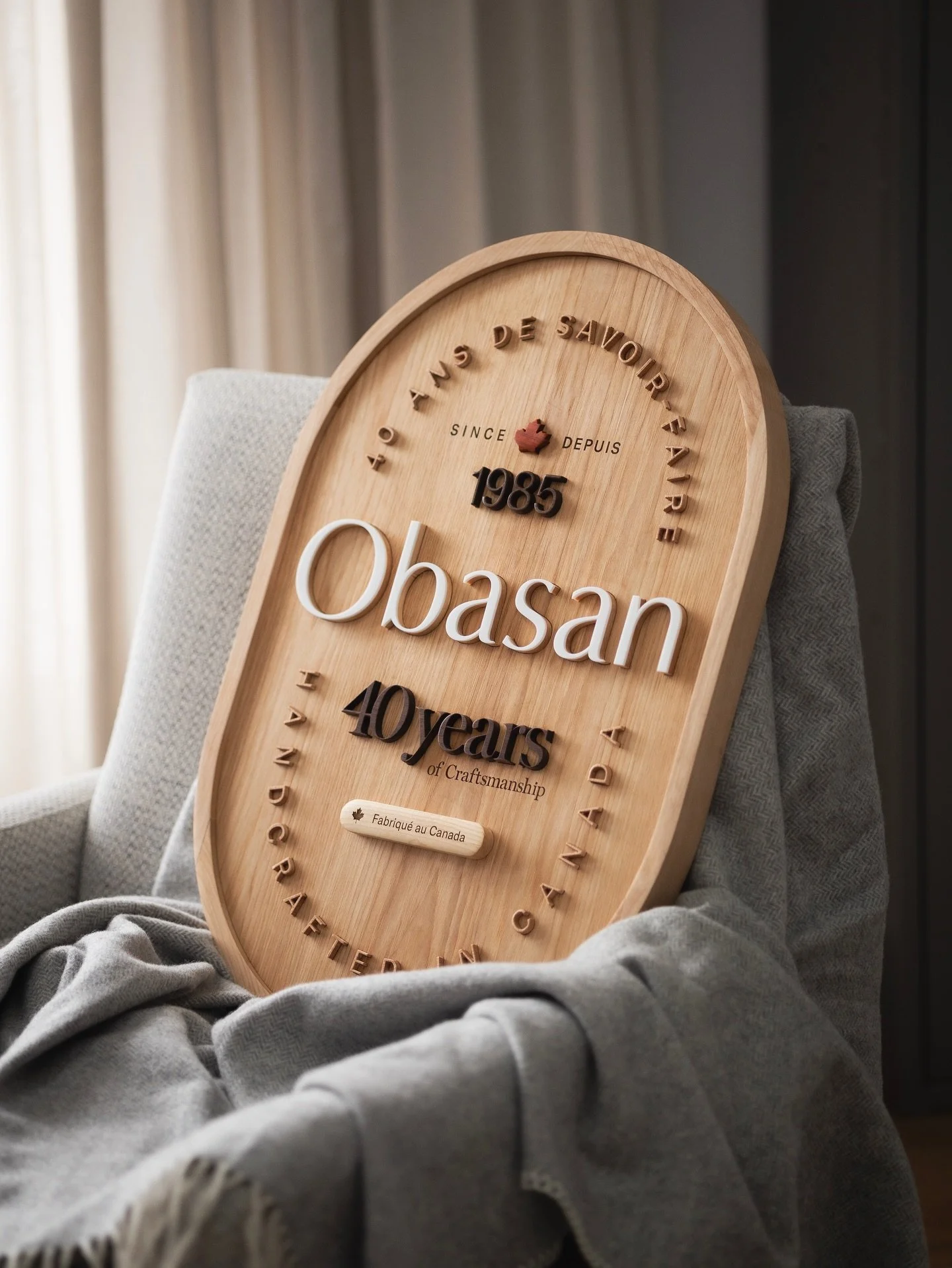 Congratulations to founder Jean Corriveau and his entire team. What began as a university project has grown into a thriving company with more than 30 employees.

Obasan&rsquo;s 40th anniversary commemorative sign
24 x 16
Hickory &ndash; Walnut &ndash