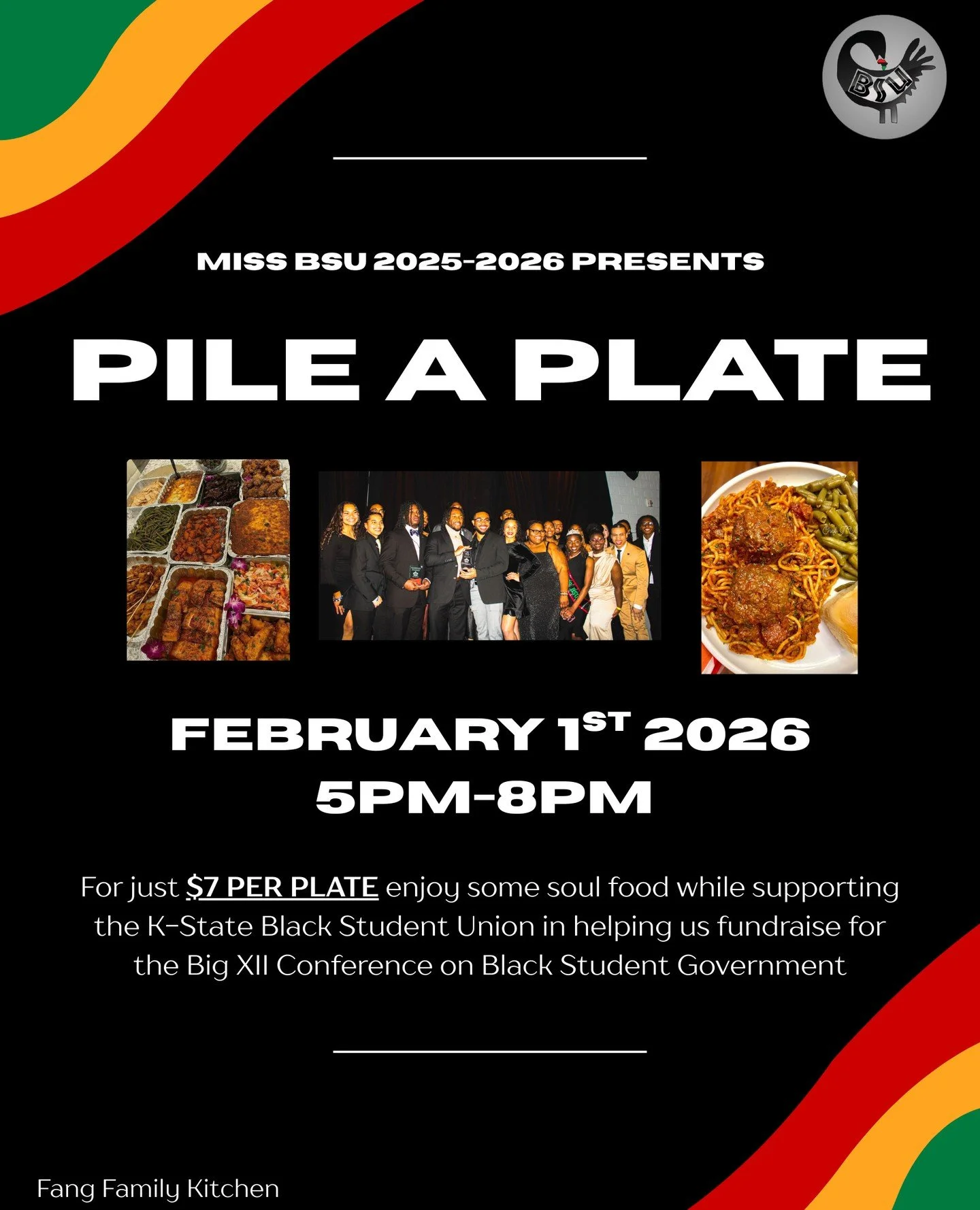 You&rsquo;re invited 💛⁠
⁠
Join Miss BSU 2025&ndash;2026 for Pile a Plate&mdash; a soul food fundraiser supporting the K-State Black Student Union as they raise funds to attend the Big XII Conference on Black Student Government.⁠
⁠
For just $7 per pl