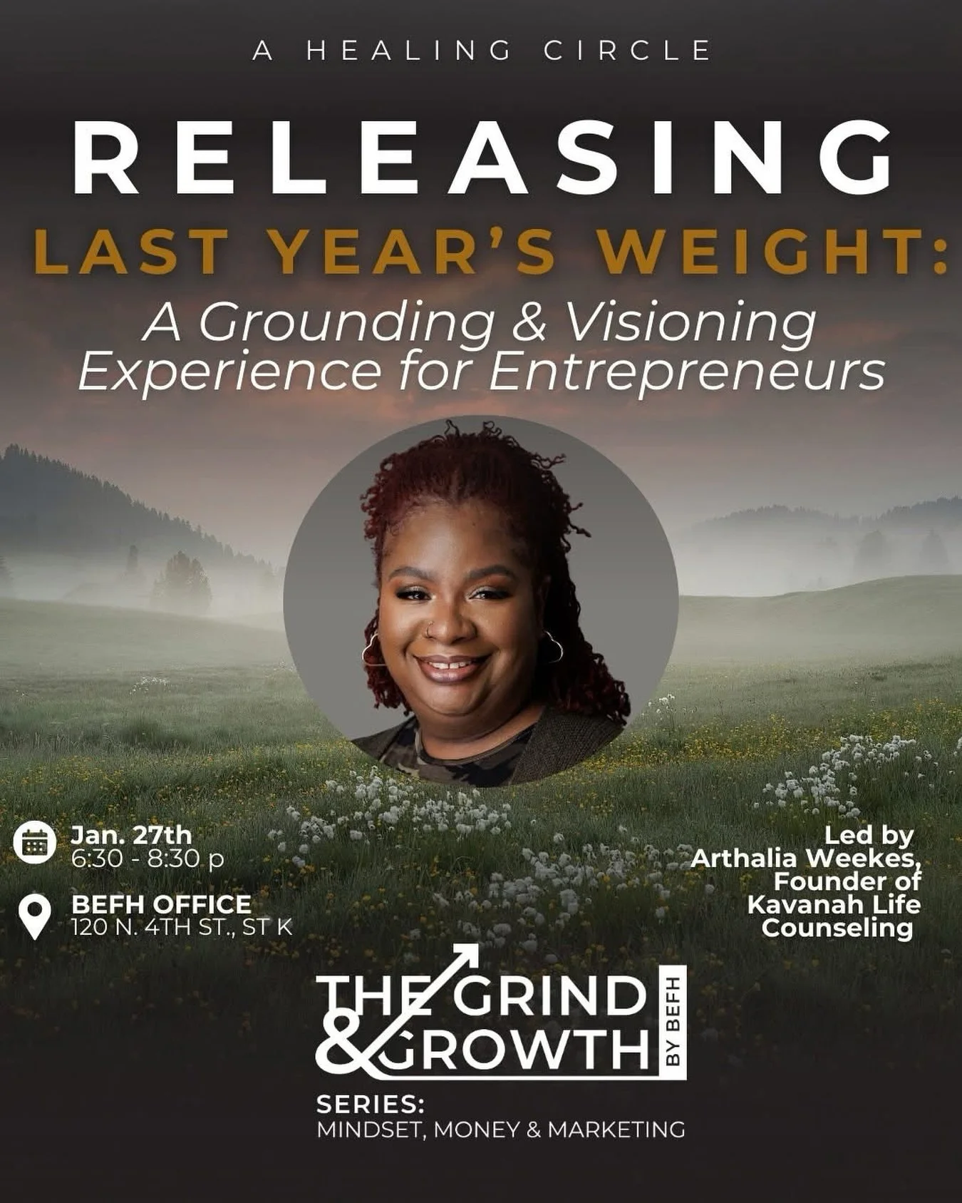 ✨ Our first Grind & Growth workshop of the year is here. ✨
Entrepreneurs don’t enter a new year empty-handed.
We carry stress, burnout, grief, and survival habits from the year before.
Releasing Last Year’s Weight is a restorative Gri