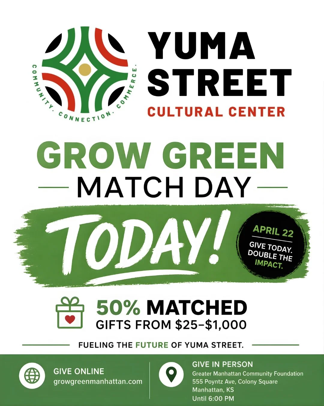 💚 TODAY IS THE DAY! 💚

Grow Green Match Day is here, and today you can help build the future Yuma Street Cultural Center &amp; Entrepreneur Hub &mdash; a space for entrepreneurship, youth development, culture, innovation, and community connection.

