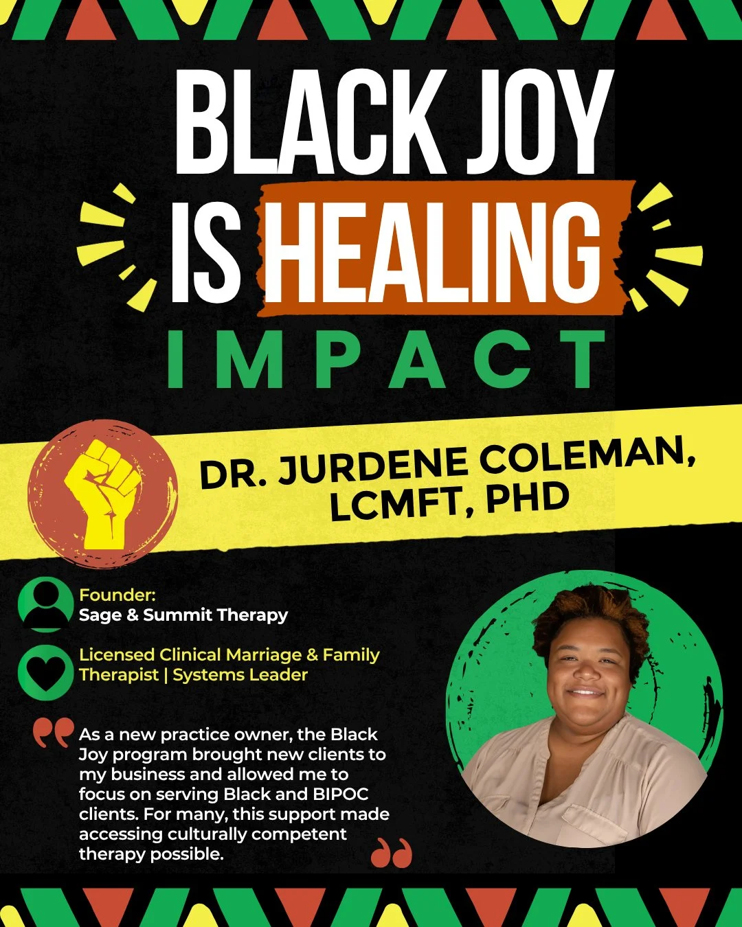 This month, we&rsquo;re continuing to center Black Joy, healing, and the clinicians shaping care in our community. 🖤⁠
⁠
Through the Black Joy program, Dr. Jurdene Coleman, founder of Sage &amp; Summit Therapy, was able to expand access to culturally