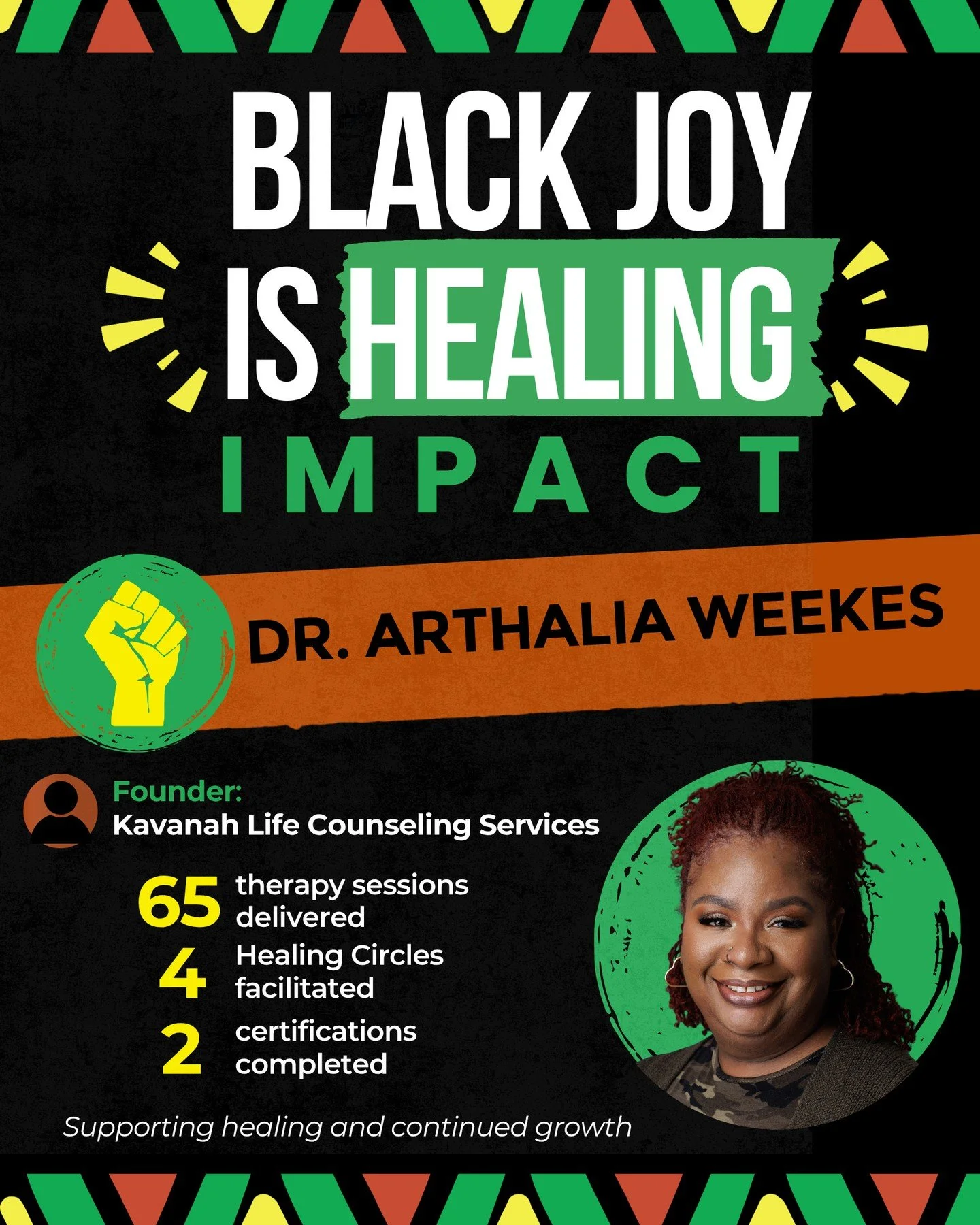 Black Joy is rooted in both healing and becoming.⁠
⁠
Through the Black Joy program, Dr. Arthalia Weekes of Kavanah Life Counseling Services has supported 65 therapy sessions and facilitated 5 Healing Circles, showing up consistently in spaces of care