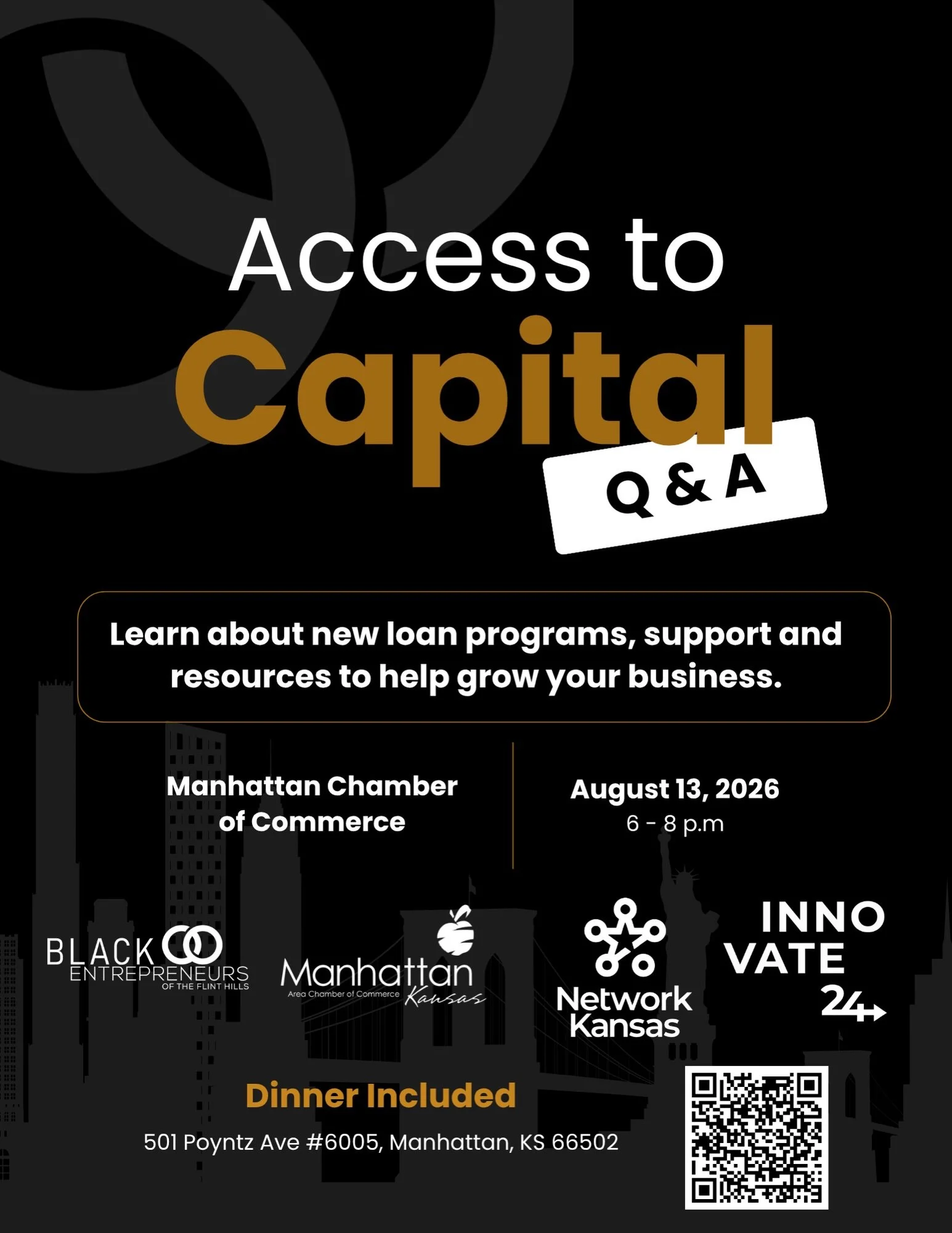 Funding your business starts with the right information. 💼

Join Access to Capital to learn about loan programs, funding opportunities, and resources designed to help your business grow.

📍 Manhattan Chamber of Commerce
📅 August 13 | 6&ndash;8 p.m