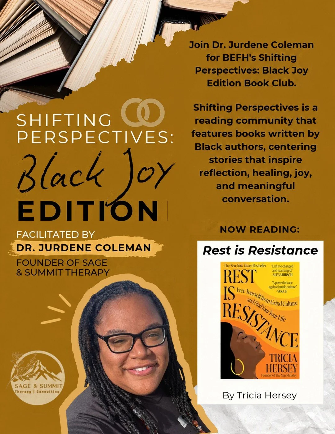 The season is getting busier. What if your response isn&rsquo;t to do more, but to rest? 🍂⁠
⁠
Our next BEFH Book Club gathering invites us to sit with that question through Rest Is Resistance by Tricia Hersey.⁠
⁠
Facilitated by Dr. Jurdene Coleman, 