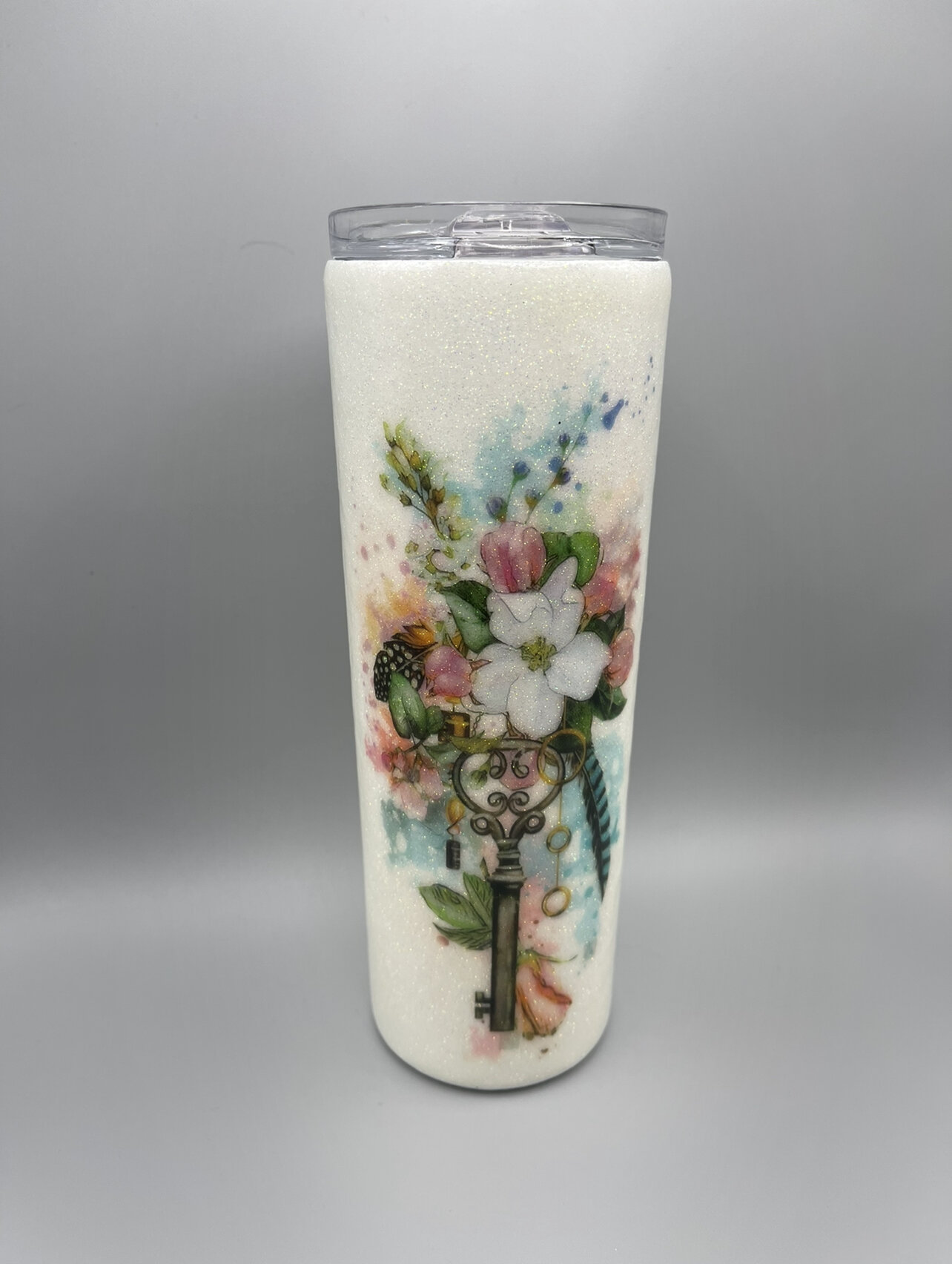 White Floral Glitter Tumbler