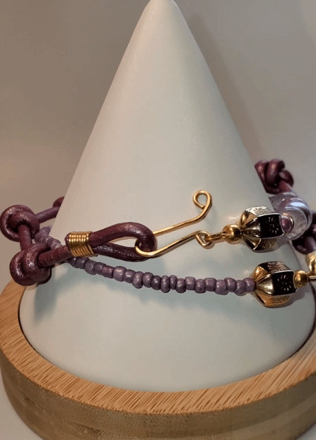 Metallic Mauve Knotted Leather Wrap Bracelet