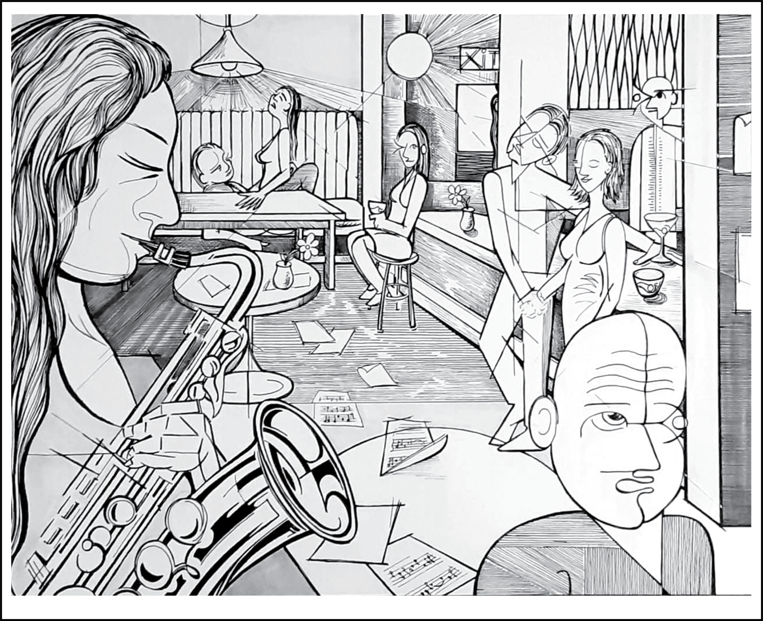 Sax @ The 8 Bar ~ pen and ink, 14"x17" $700CND