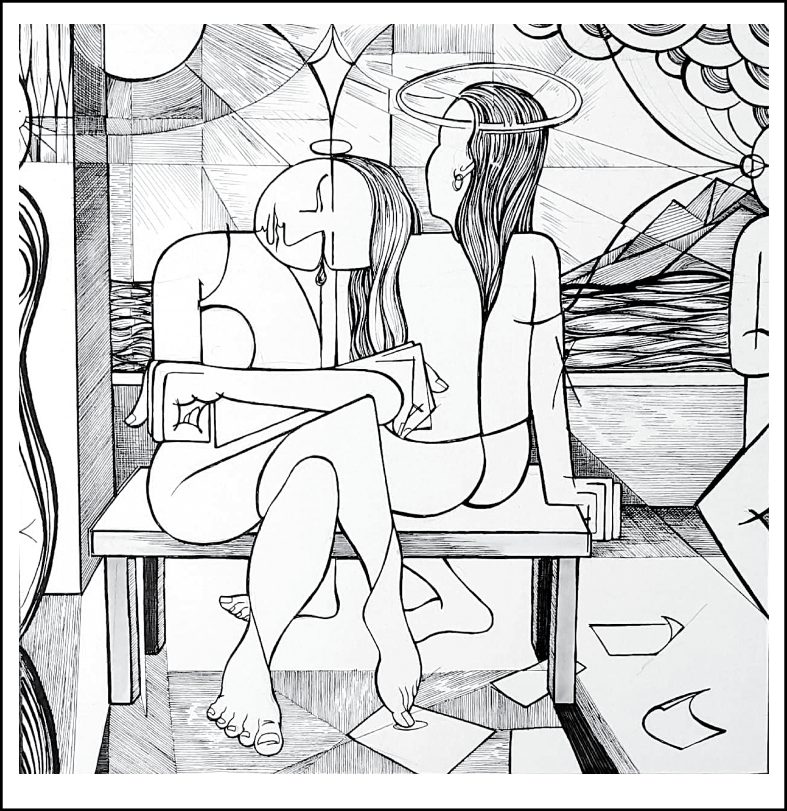 Sisters ~ pen and ink, 14"x14" sold