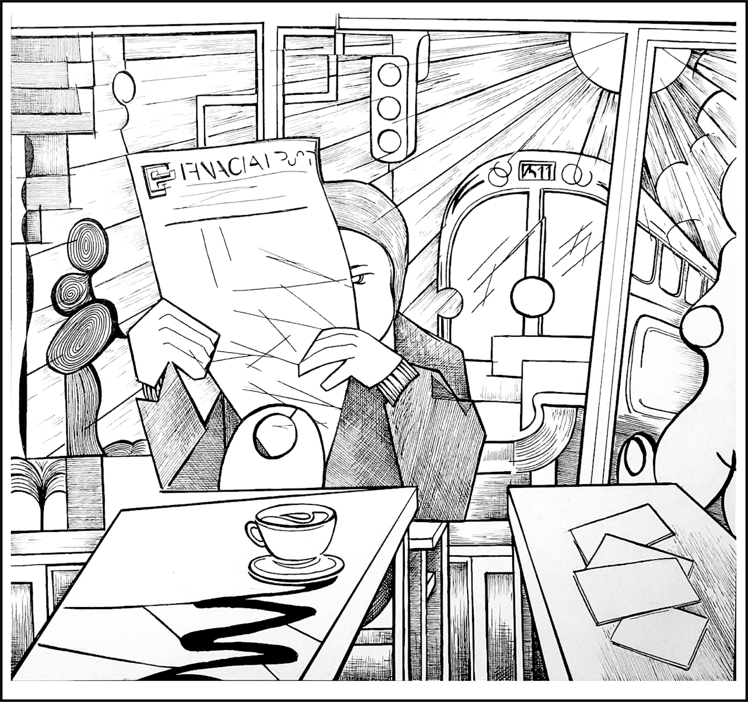Cafe on the Corner ~ pen and ink, 14"x14" $700CND