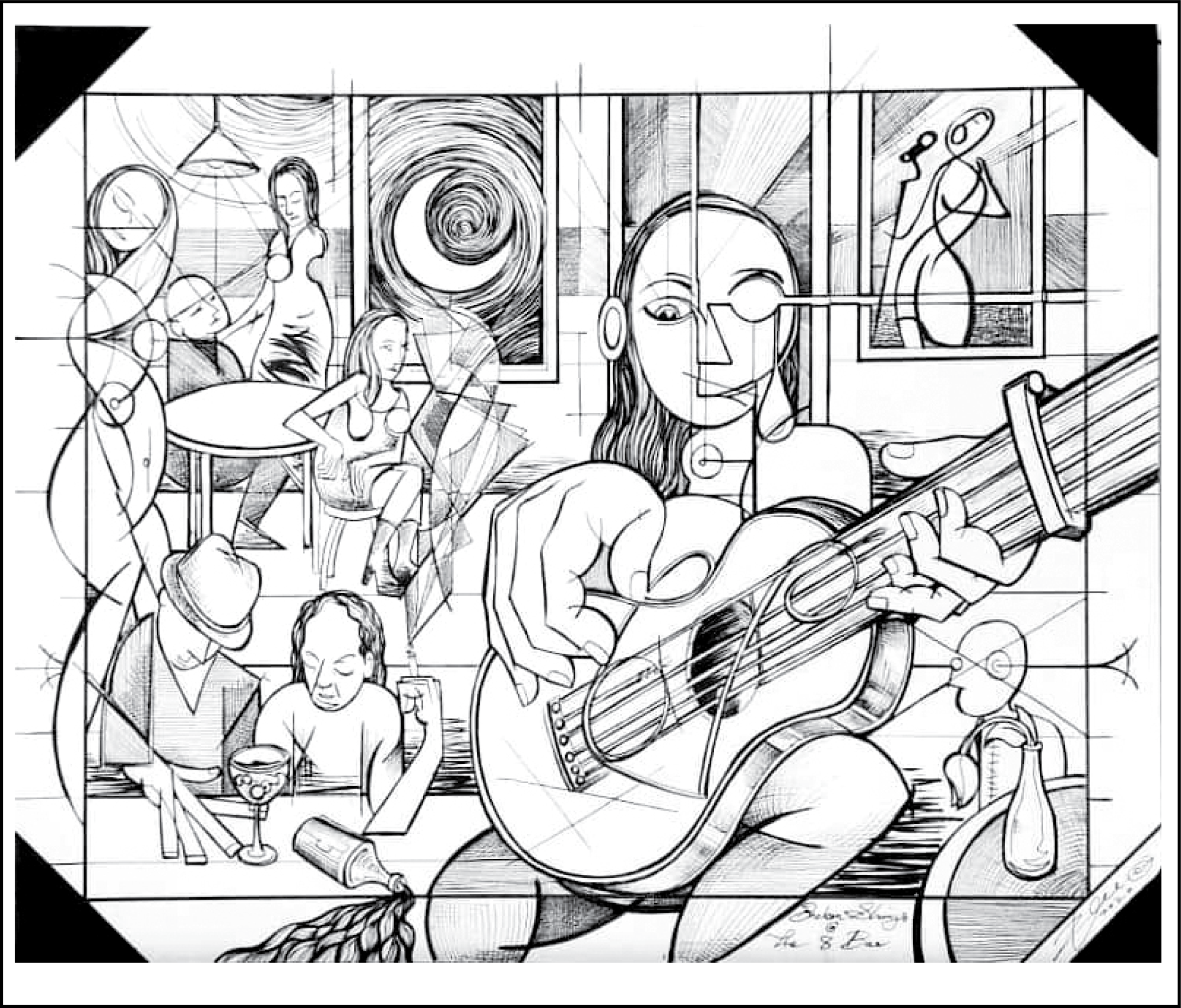 Broken Strings @ The 8 Bar ~ pen and ink, 14"x17" $700CND