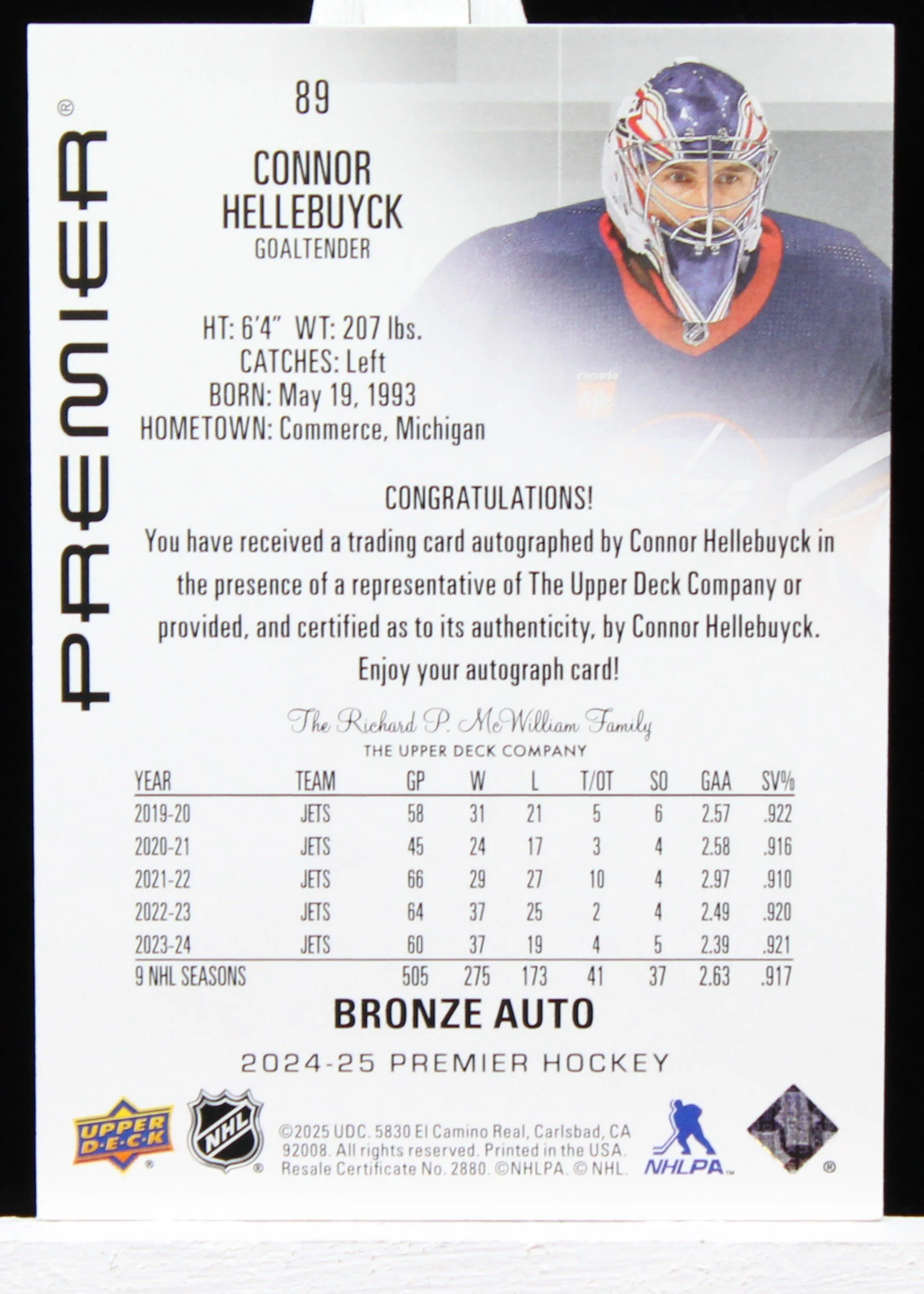Connor Hellebuyck UD Prem 24-25 Auto Bronze SP B.JPG
