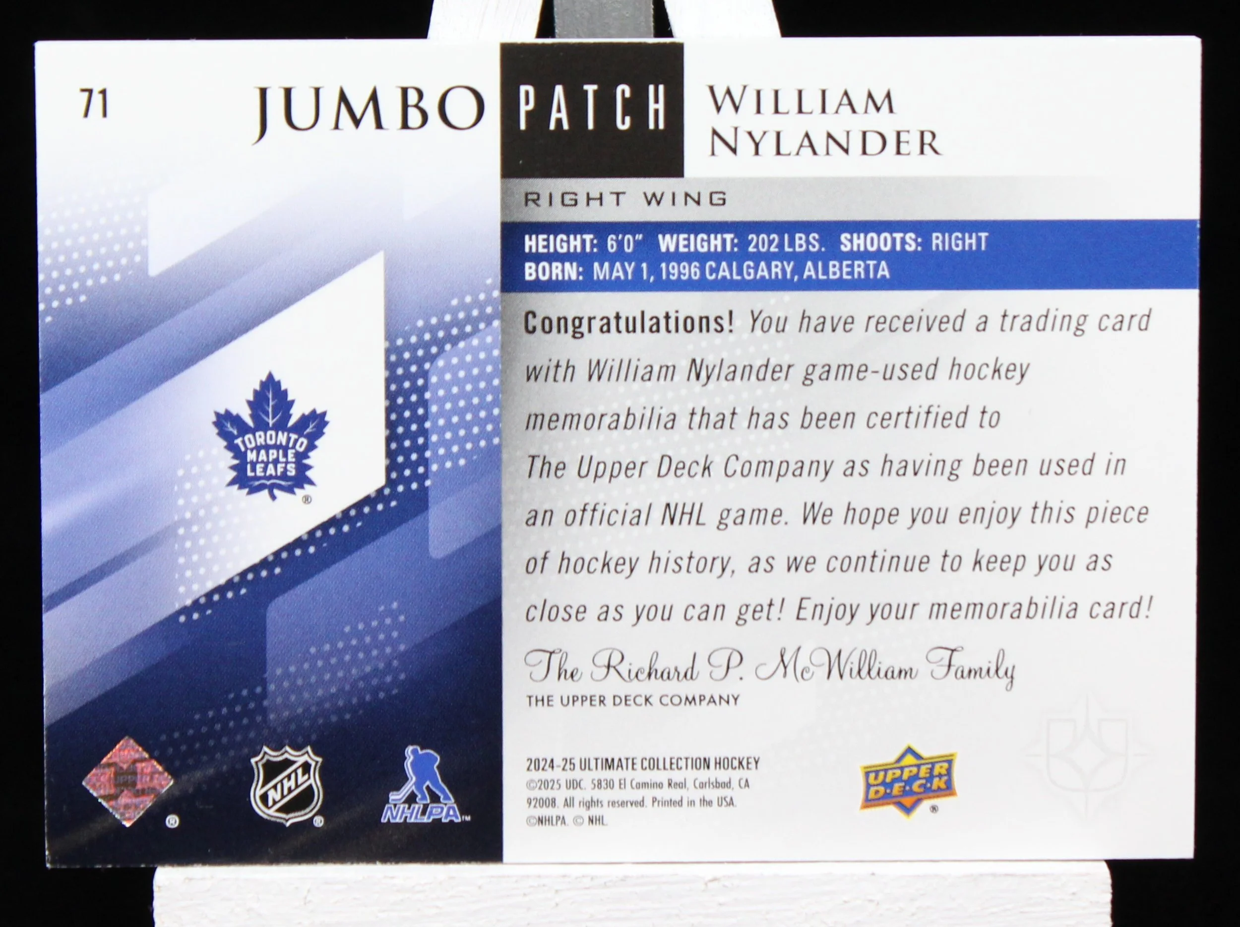 William Nylander UD Ult Coll 24-25 Jumbo Patch B.JPG