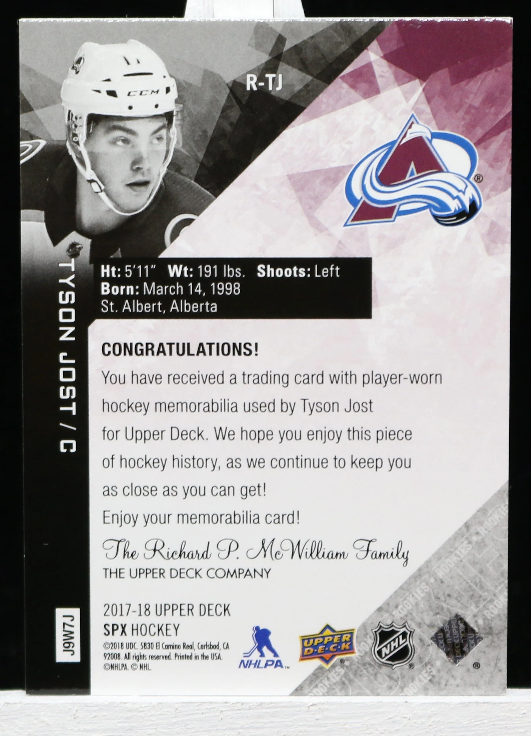 Tyson Jost UD SPx Rookie Material Premium B.JPG