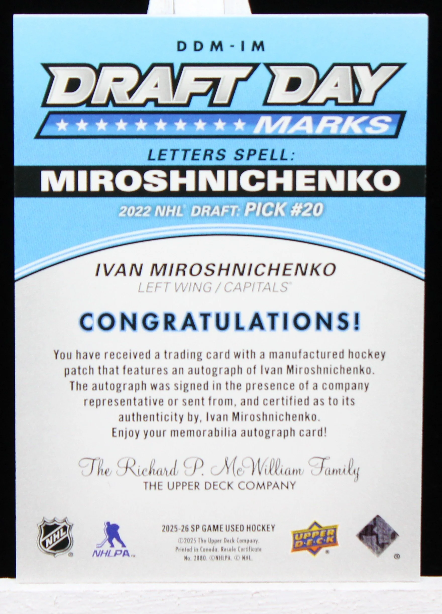 Ivan Miroshnichenko UD SP GU Draft Day Marks RC B.JPG