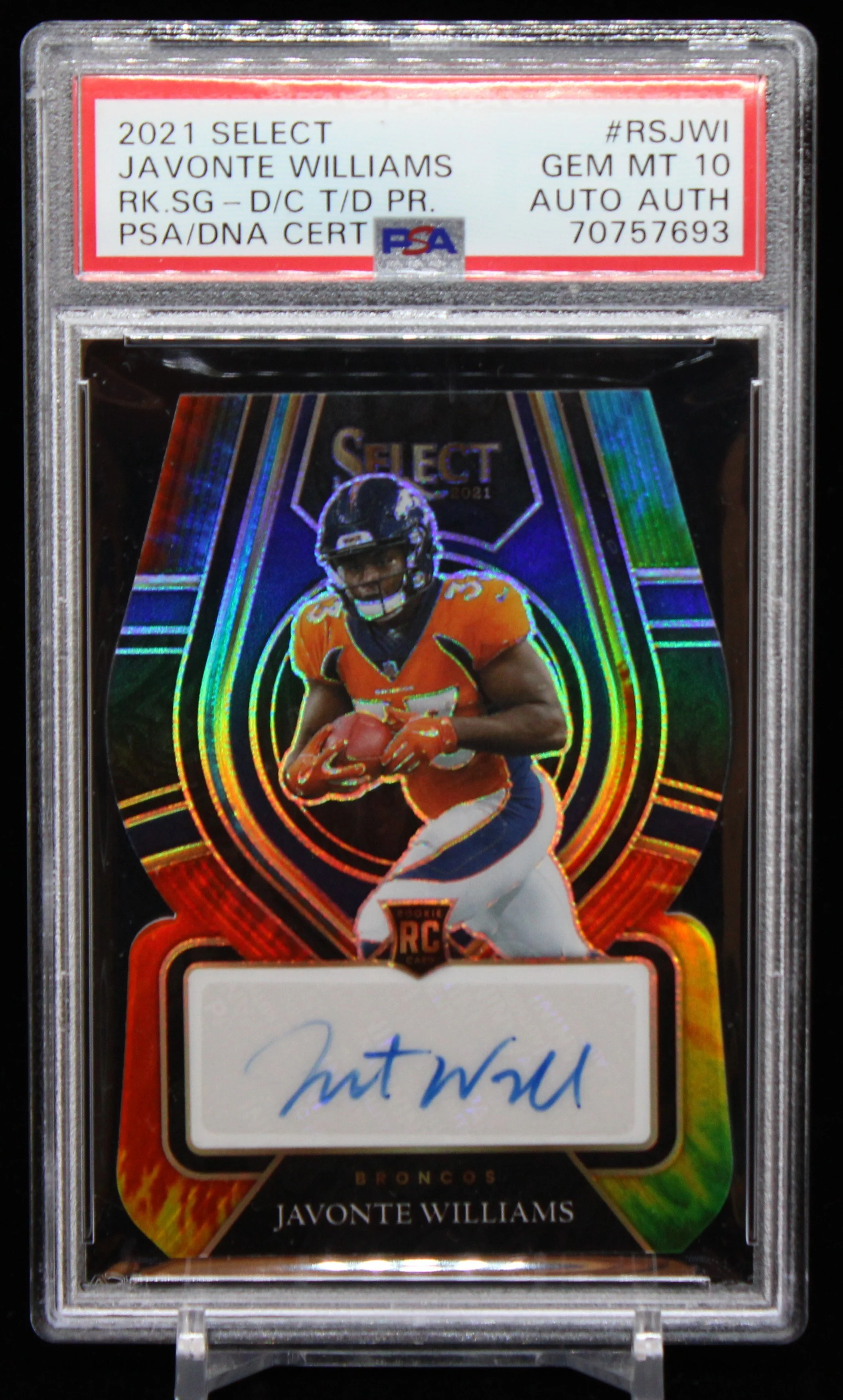 Javonte Williams Select Rookie Sig Tie-Dye Die-Cut PSA 10 F.JPG