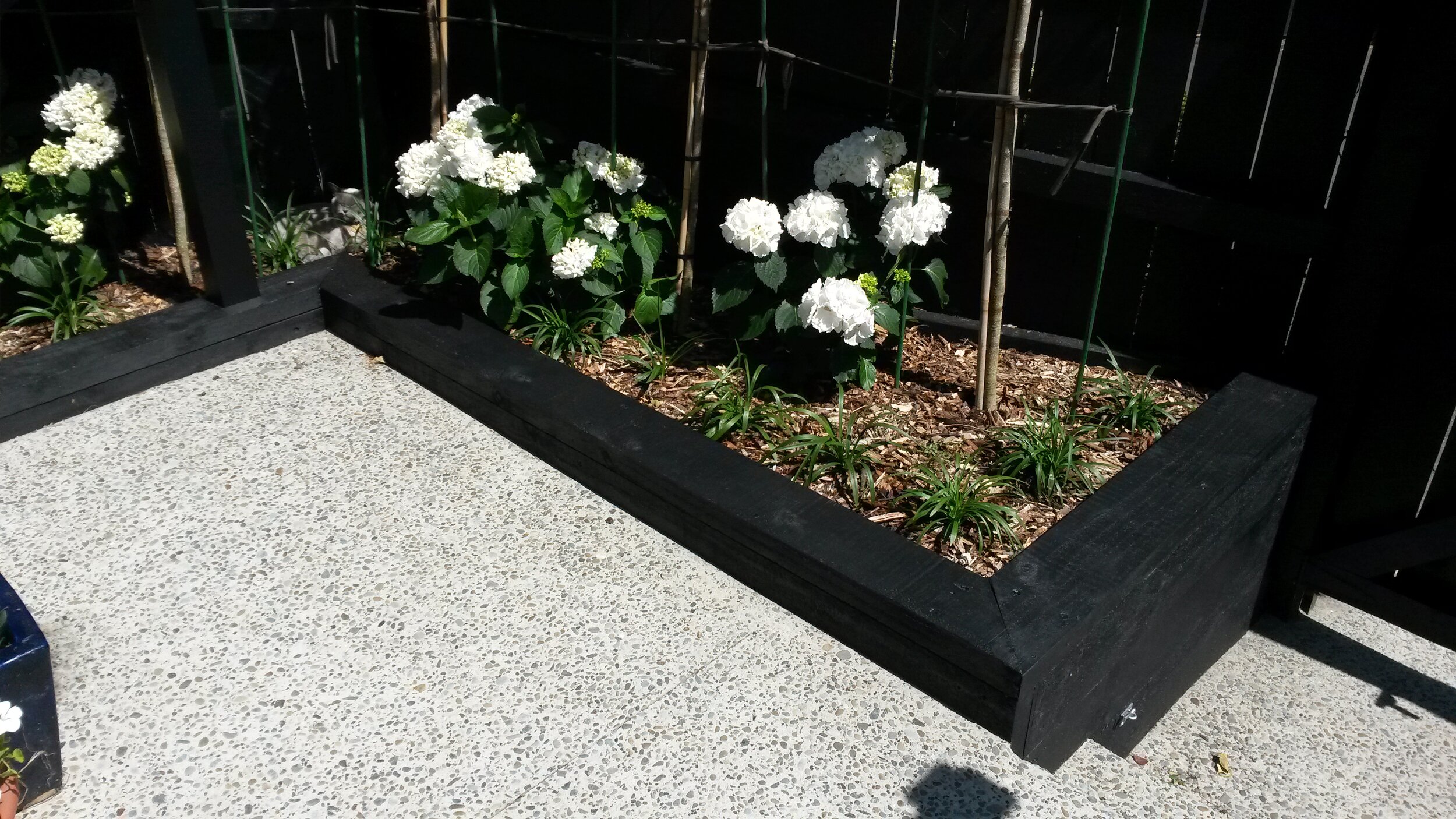 A built in garden bed for low maintenance planting and the newly poured exposed pebble concrete path