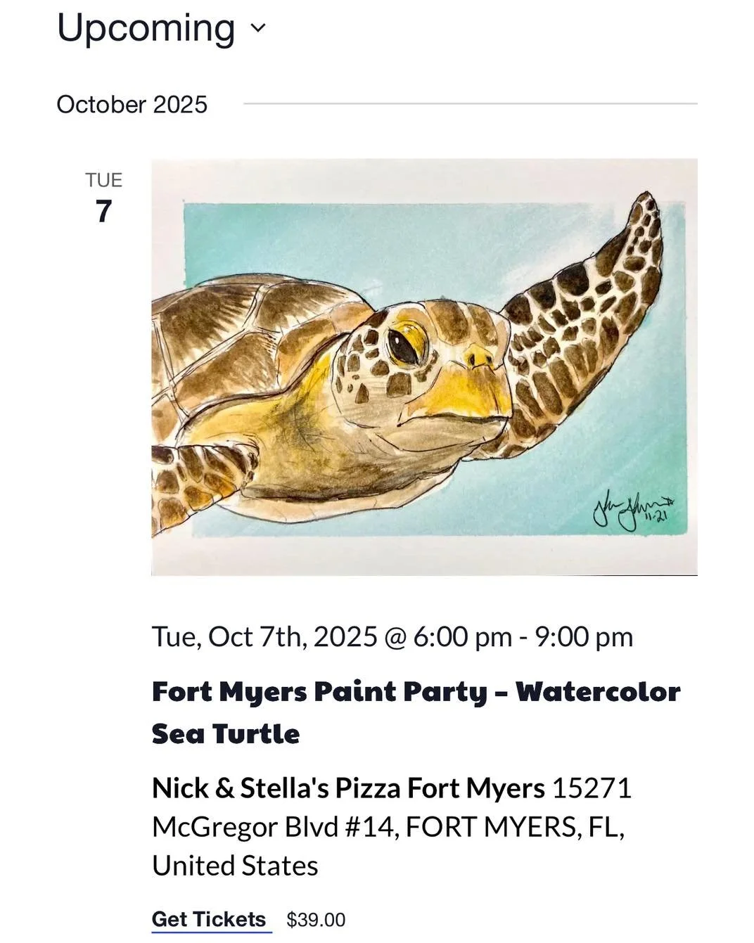 Hey guys! My first watercolor class went so well they let me do another one! This time it&rsquo;s a sea turtle (looking at you @trishymike 👀👀) 

The class is on October 7th at Nick &amp; Stella&rsquo;s!!