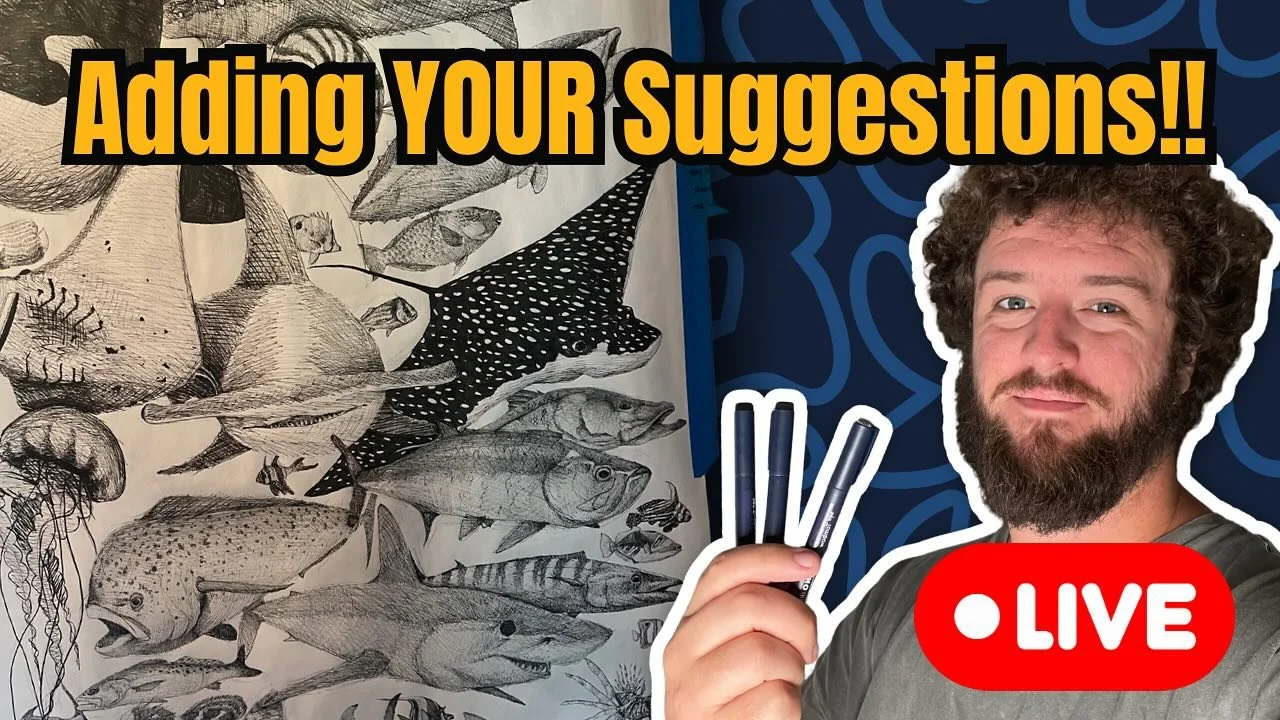I&rsquo;ll be going LIVE at 1:30 today!! Come hang out and help me add fish to this HUGE drawing!! 

Come on over to my YouTube channel and give me fish suggestions for this poster I&rsquo;ve been working on for years!!