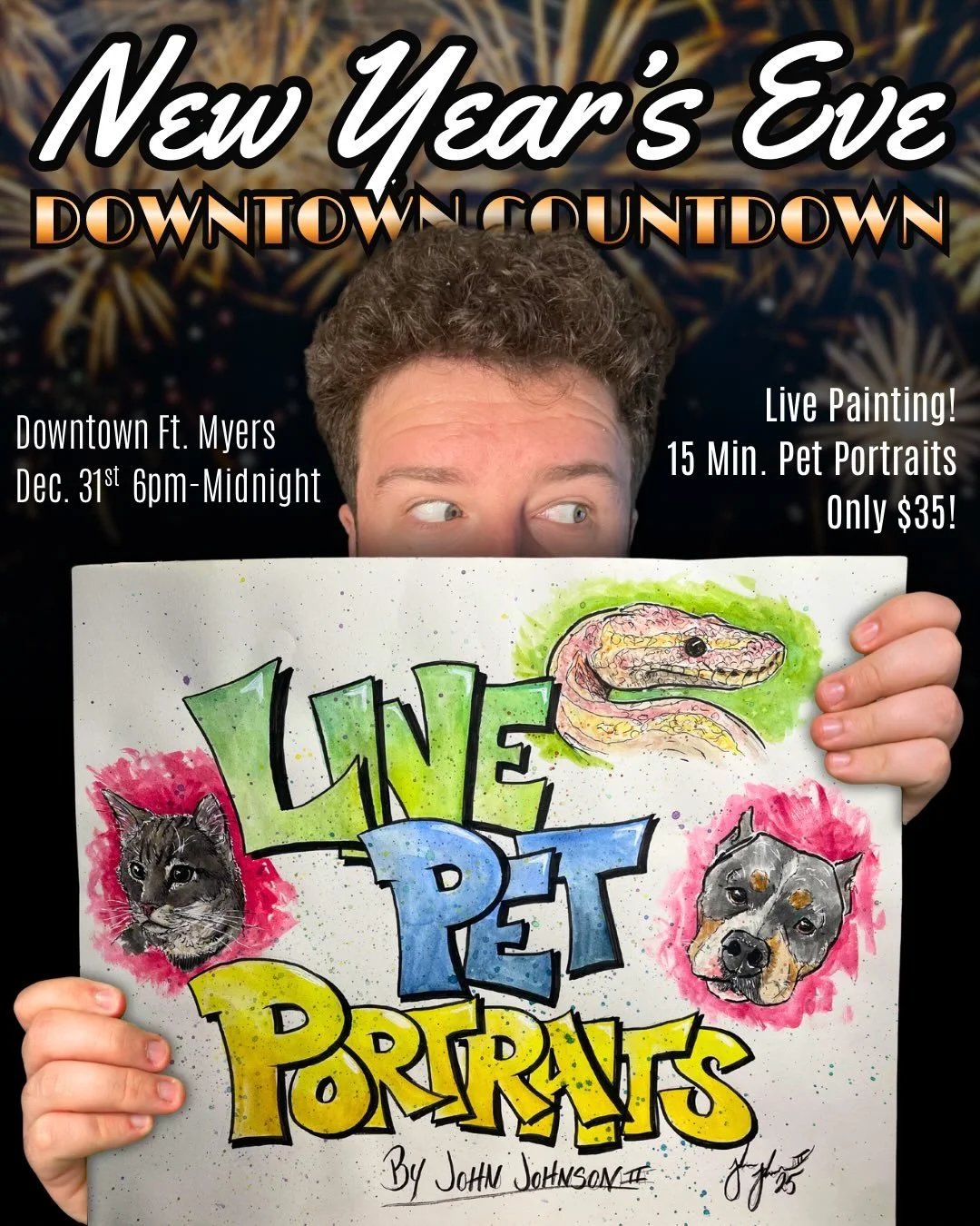 BIG NEWS!!!

I was selected as one of about 10 vendors to work the New Year&rsquo;s Eve Downtown Countdown in Fort Myers this year!! I&rsquo;ll be doing my 15 minute pet portraits and selling a few select pieces of art!! Come celebrate downtown with 