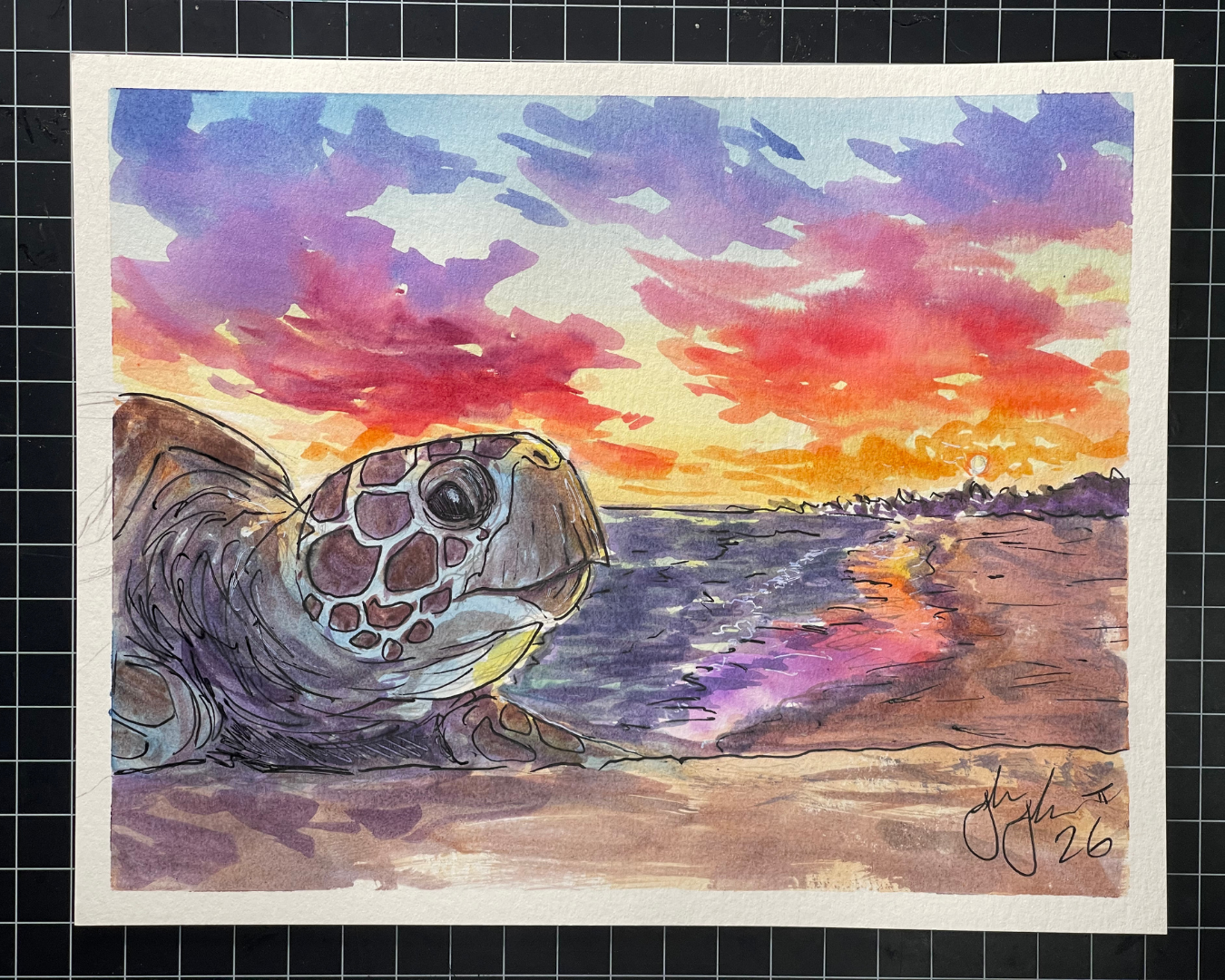 Sunset Seat Turtle Beginner Watercolor CLass