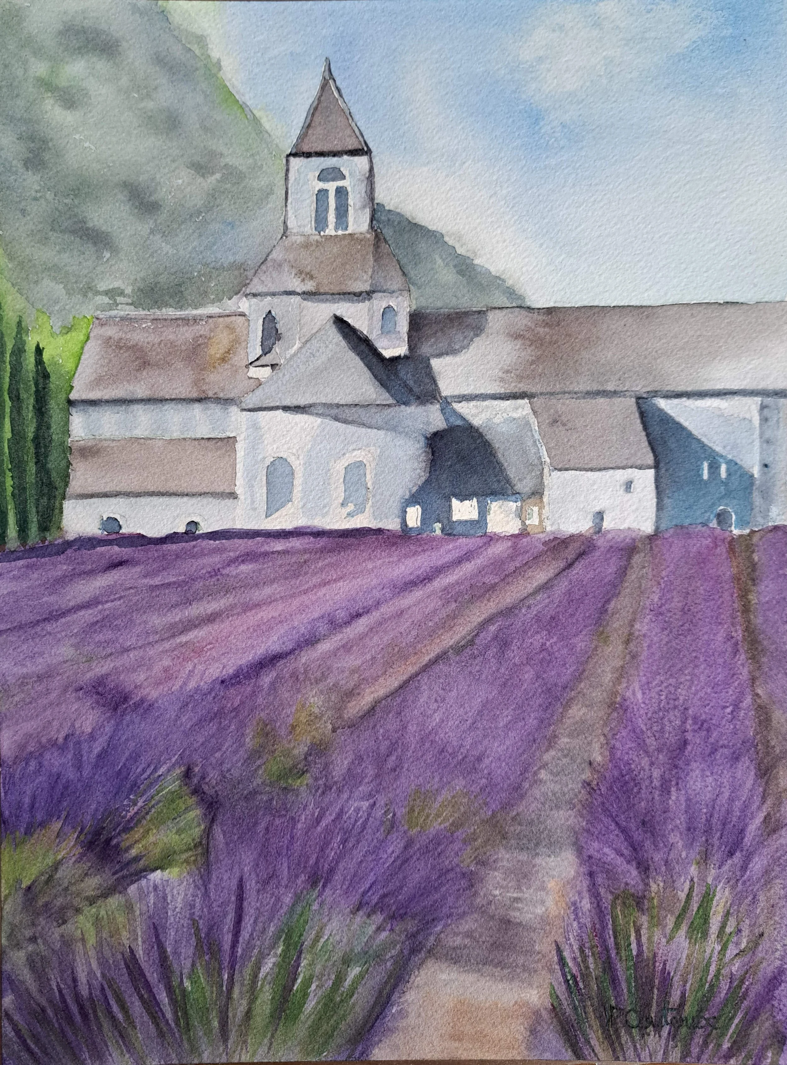 aquarelle de l'abbaye de Sénanque sur le plateau de Valensole pascale coutoux