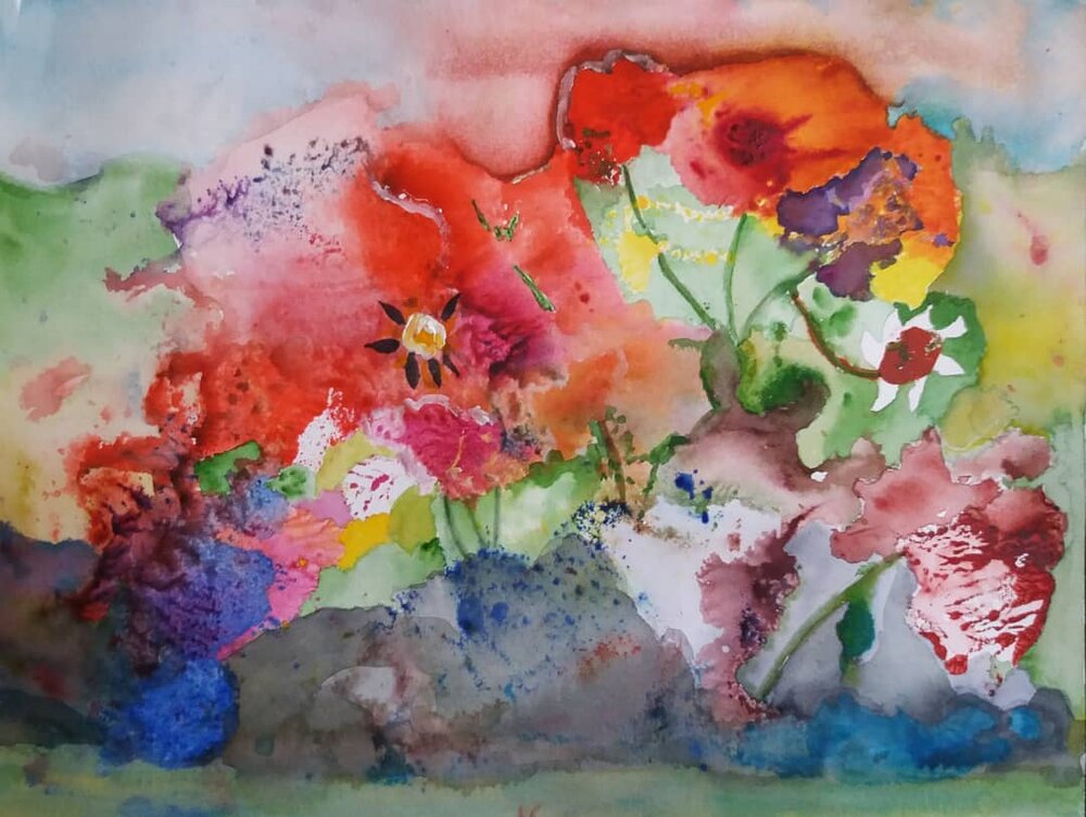 L'Éclat des Fleurs dans l'Horizon Imaginaire aquarelle 30x40cm