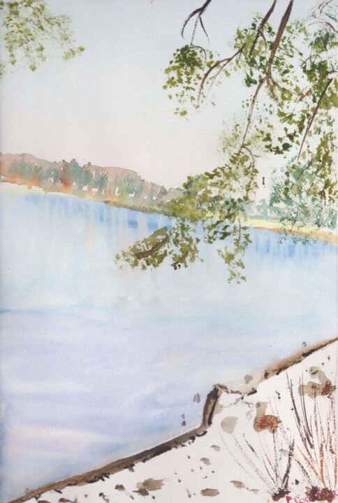 Lac des Settons en hiver aquarelle 30x20 cm