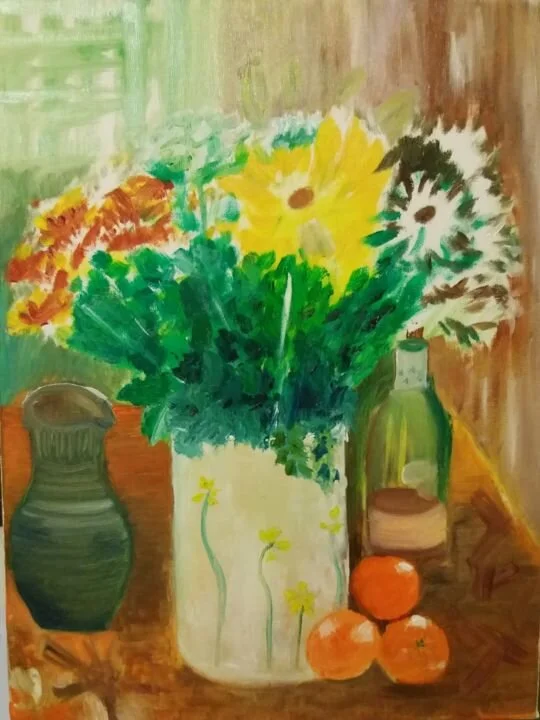 bouquet de fleurs et clémentines huile sur toile pascale coutoux.jpg