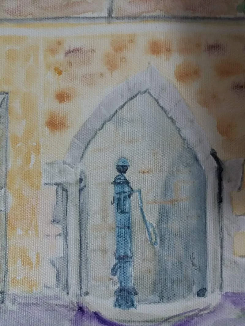 aquarelle sur toile la fontaine aux pèlerins détail3léger pcoutoux.JPG