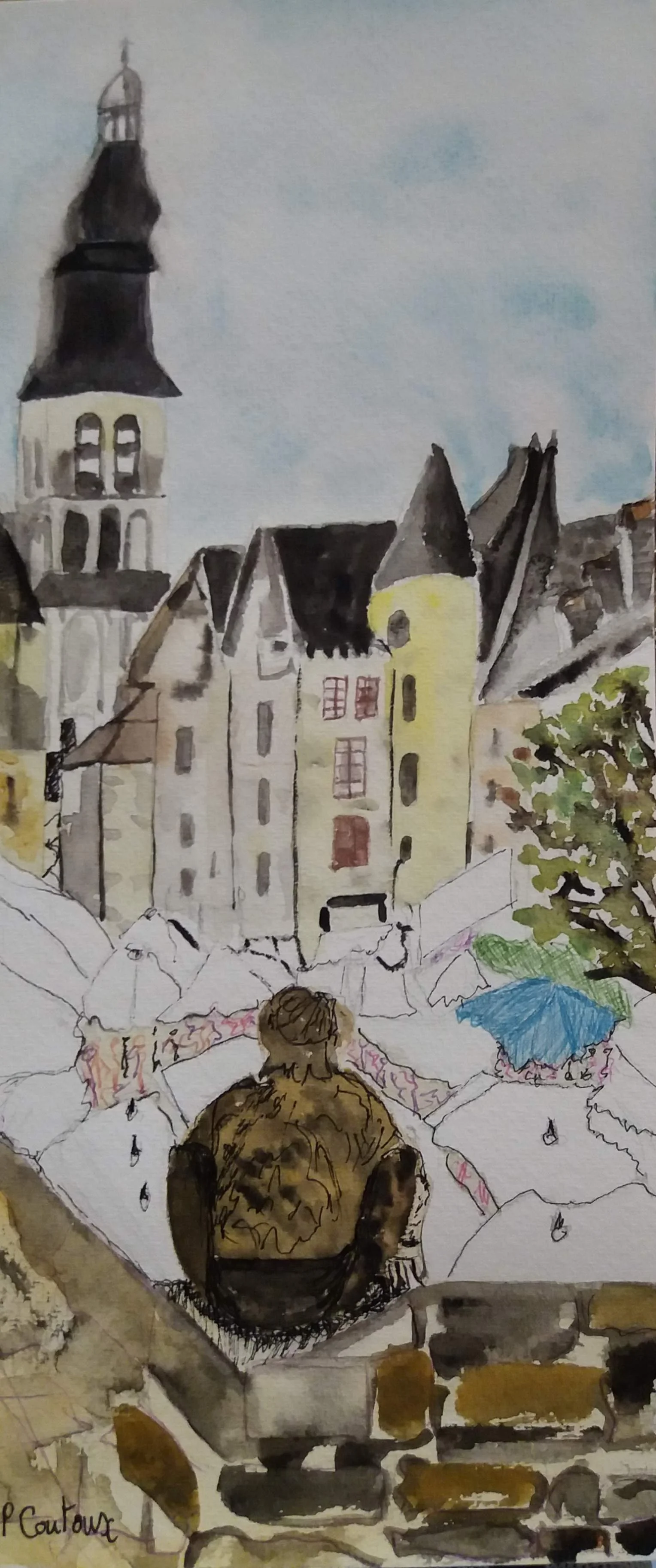 Sarlat vu du badaud aquarelle 30x13cm