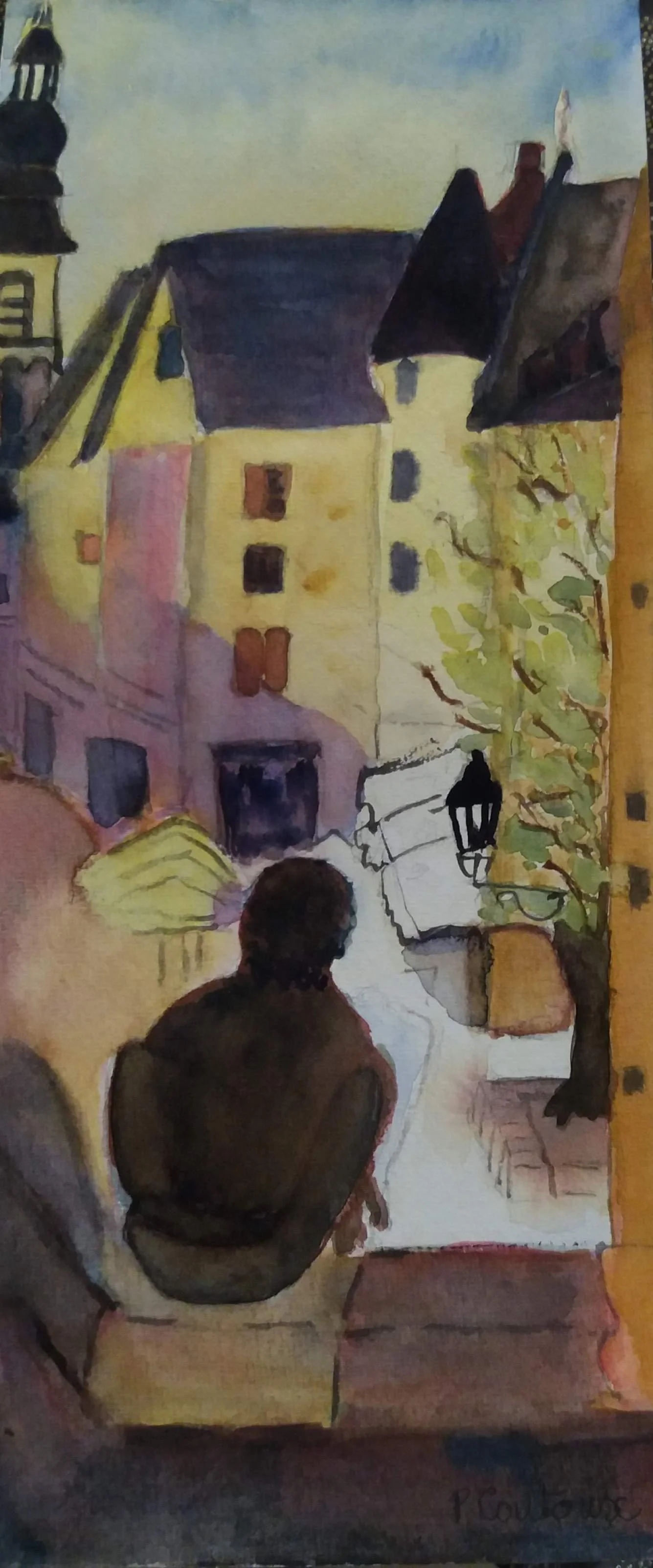 Aquarelle de Sarlat statue du badaud et marché 30x13 cm