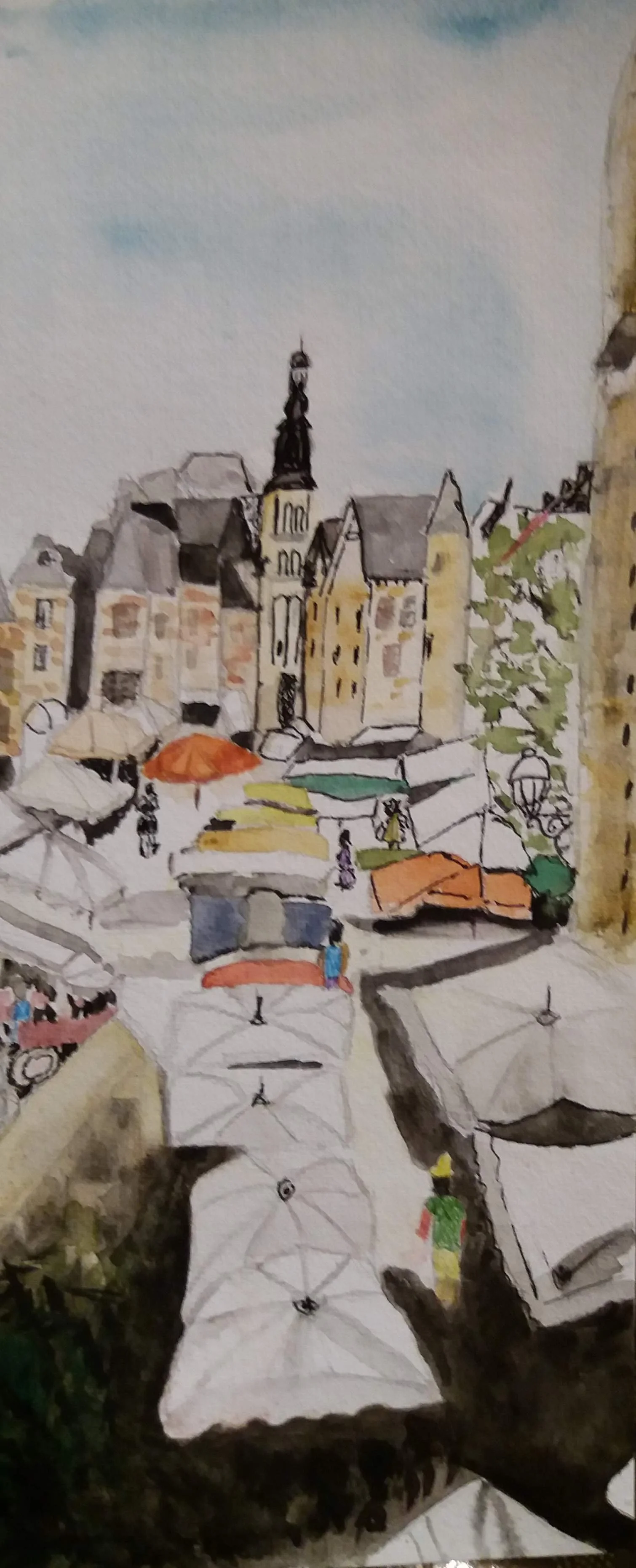 Aquarelle jour de marché à sarlat 30x13 cm