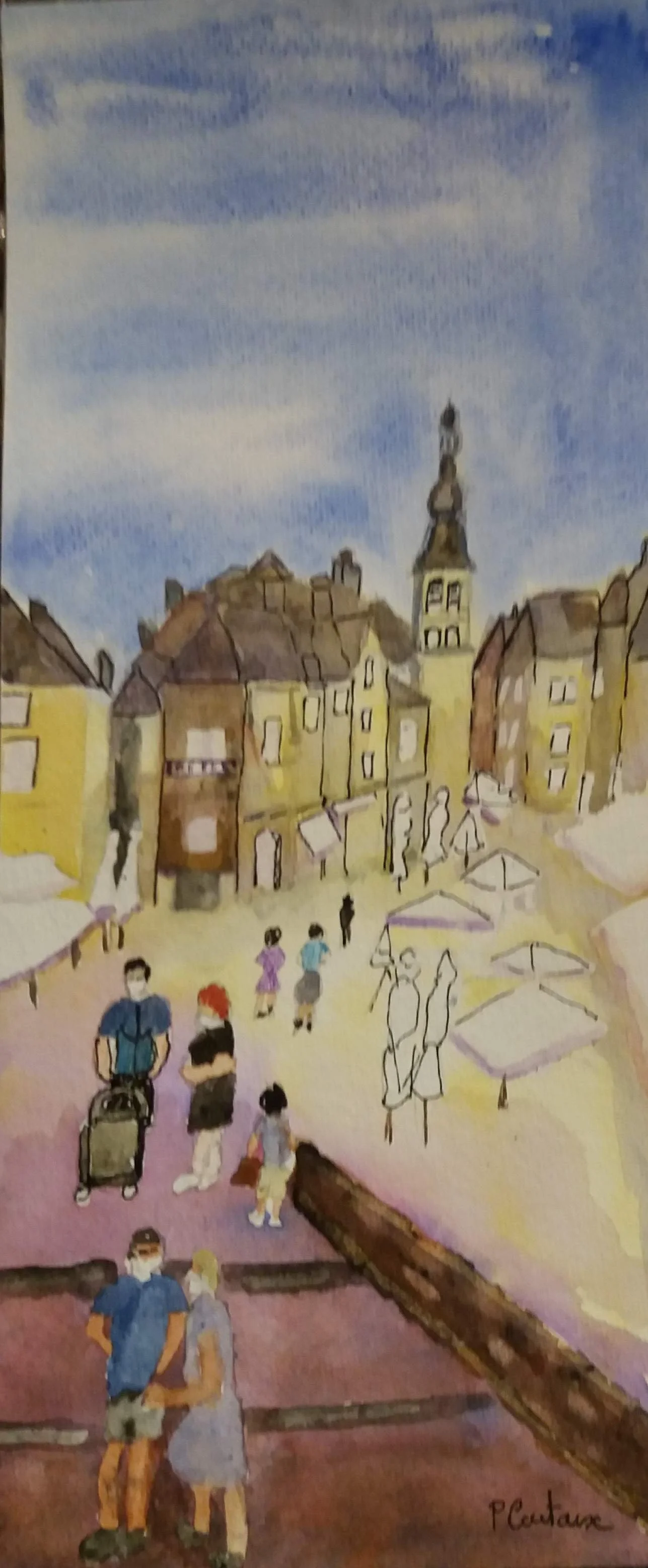 Sarlat place du marché le soir aquarelle 30x13cm