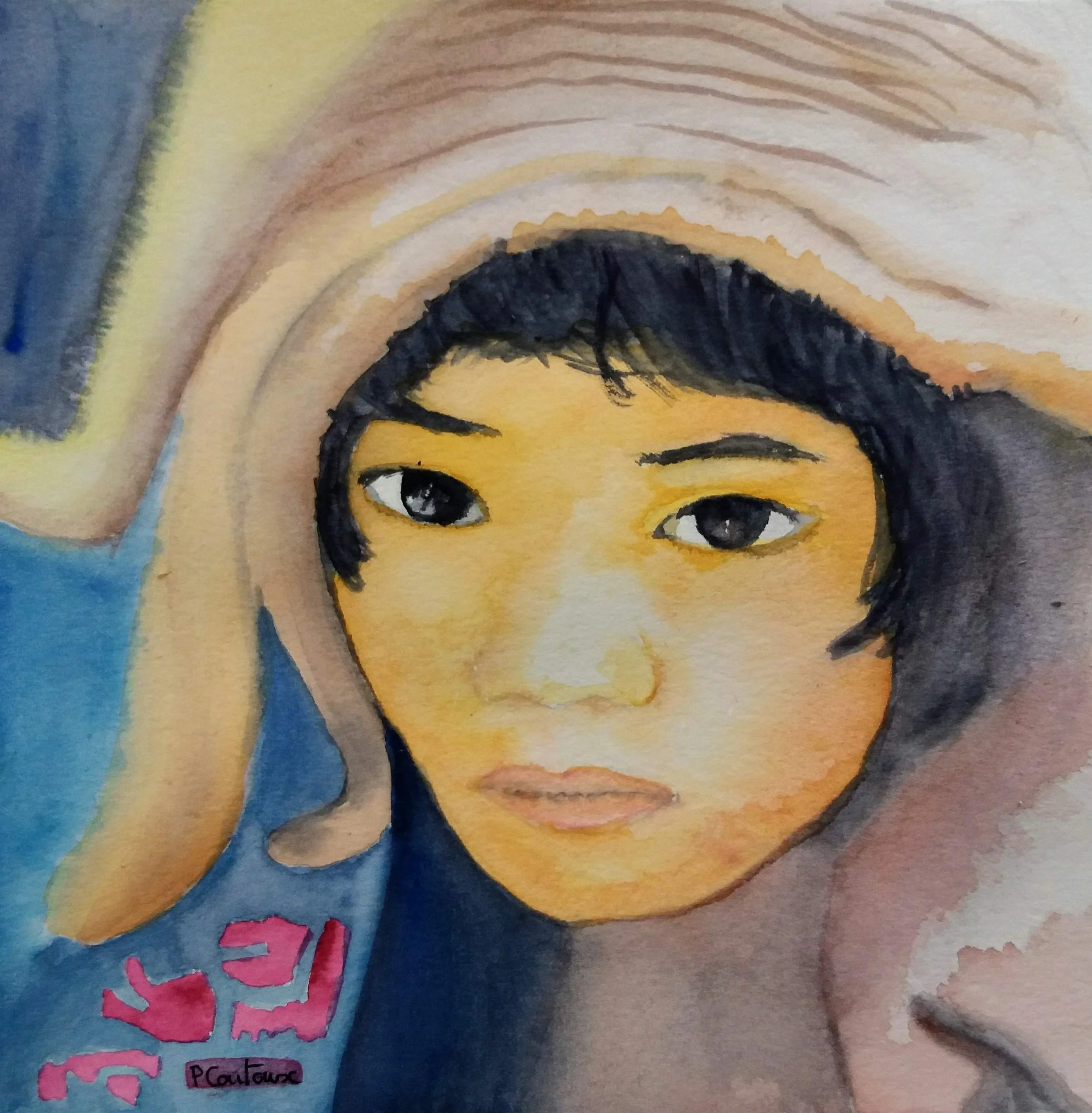 Aquarelle Jeune tibétain et sa fourrure