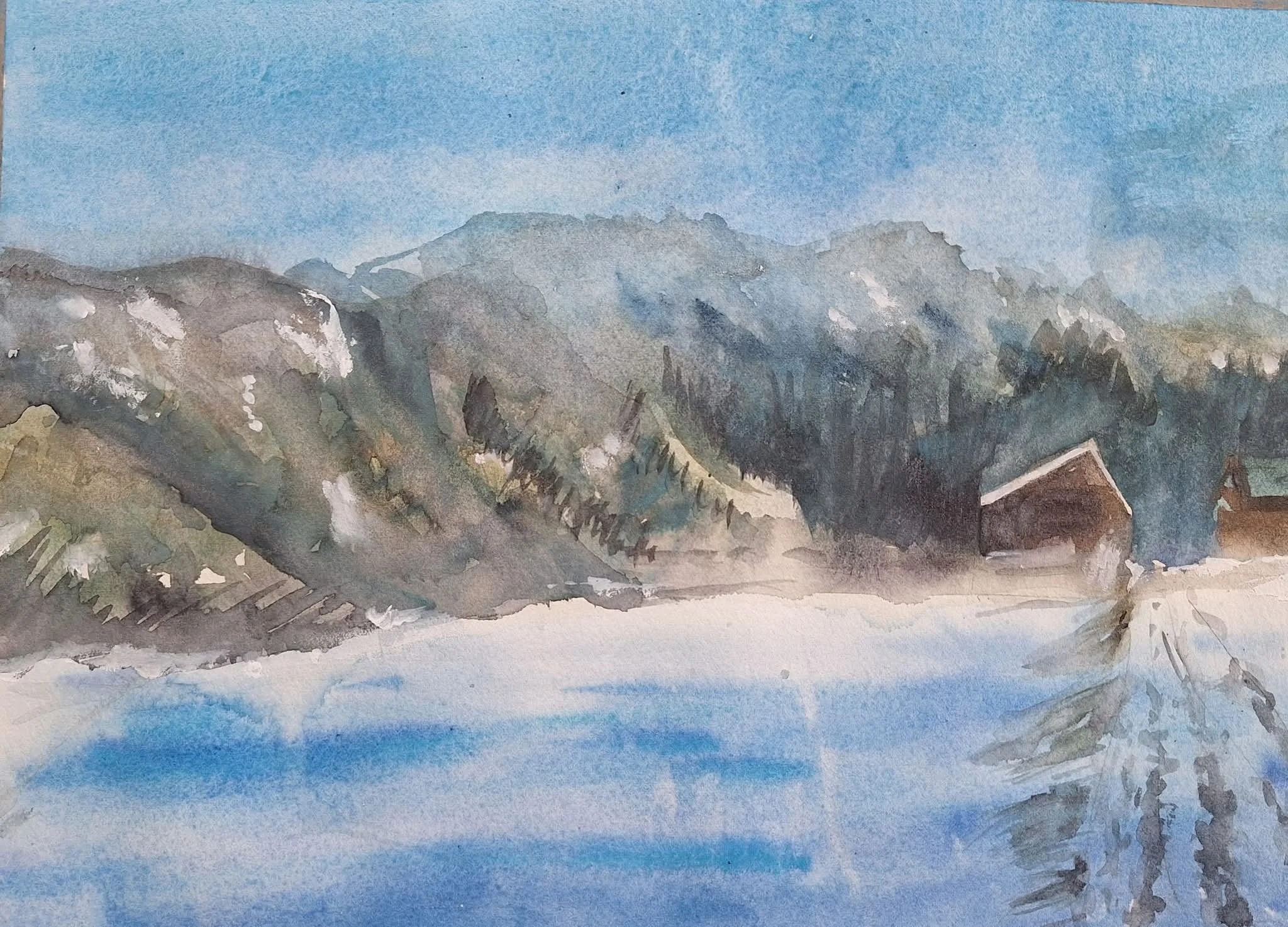 Montagne sous la neige aquarelle 20x30cm port inclus