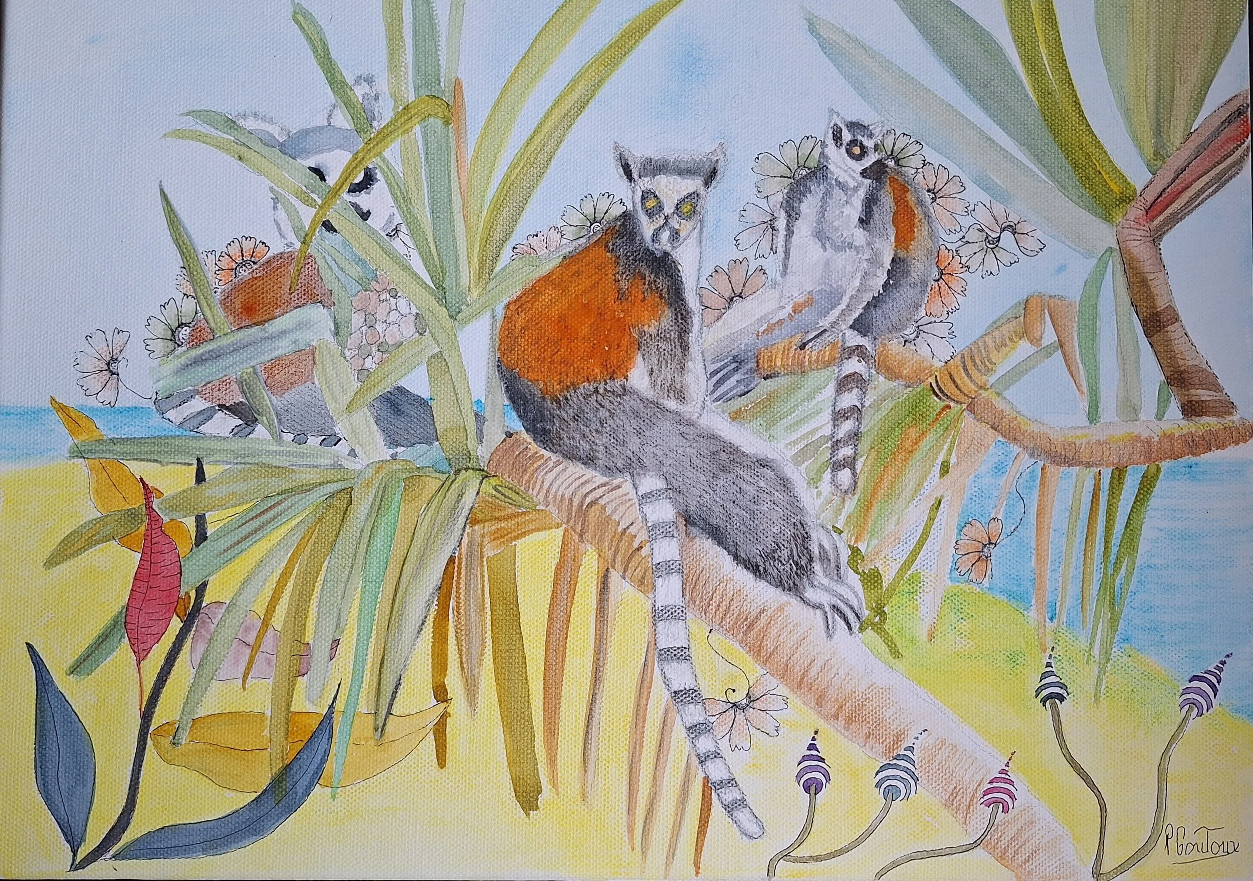 Tableau à l’aquarelle représentant des lémuriens dans des cocotiers sur une plage de Madagascar, aux couleurs chaudes avec motifs zentangle inspirés de la nature.