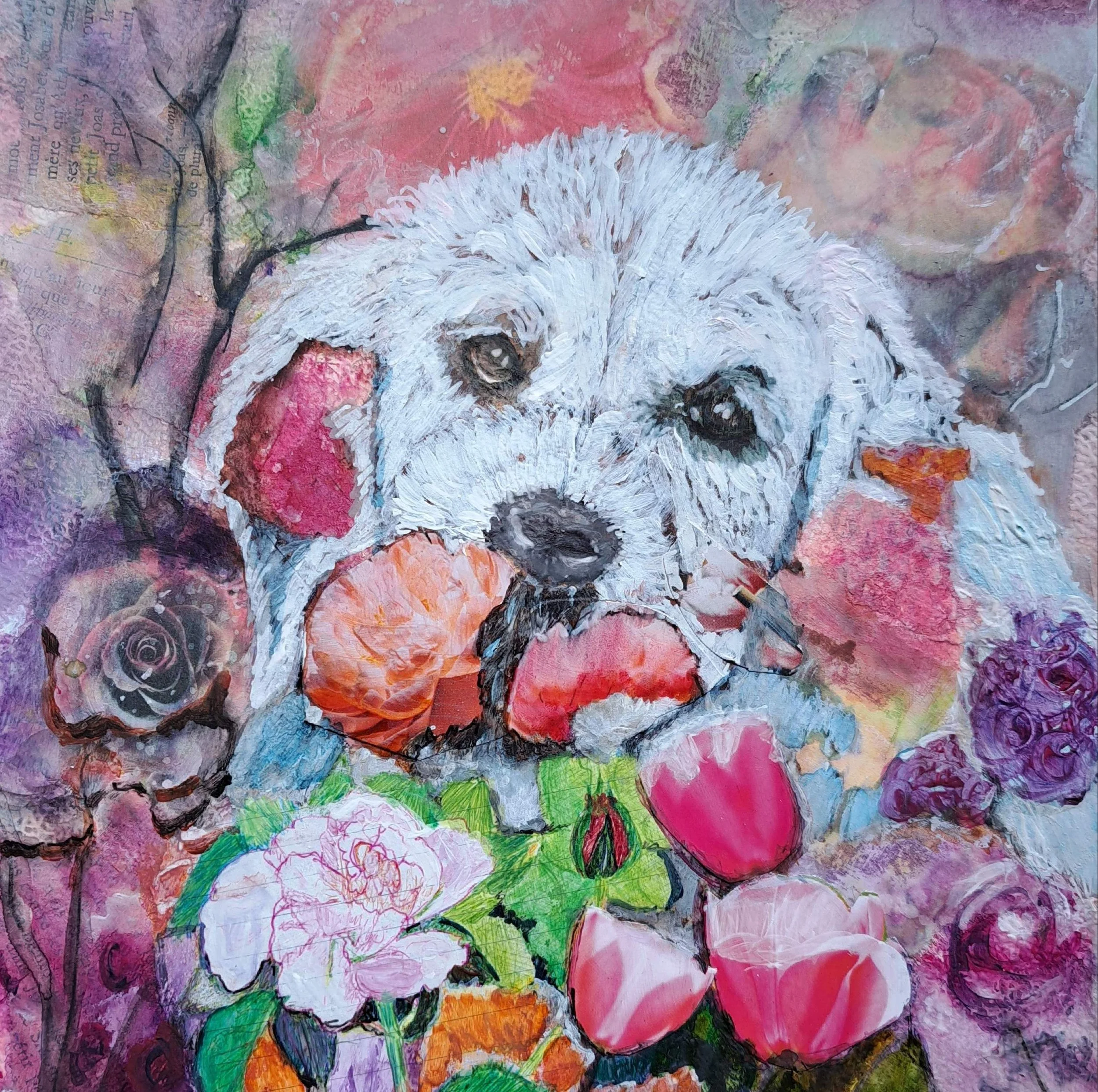chien blanc respirant des fleurs de printempsdet1.JPG