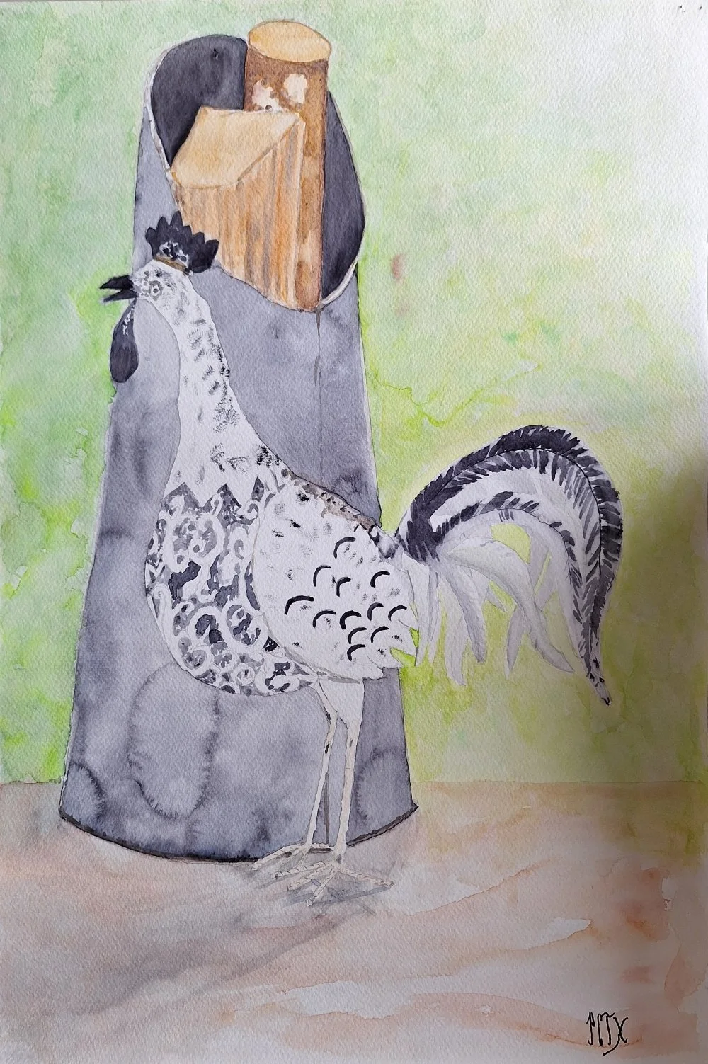 coq et broc en fer anciens-aquarelle redimensionnée- pascale coutoux pcoutoux.jpg