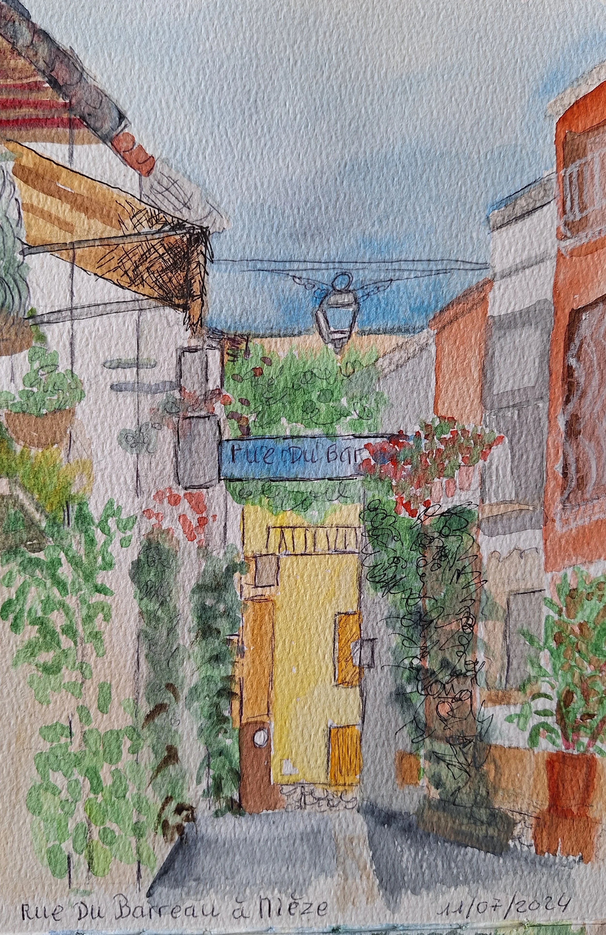 Aquarelle de la rue du barreau à Mèze pcoutoux.jpg