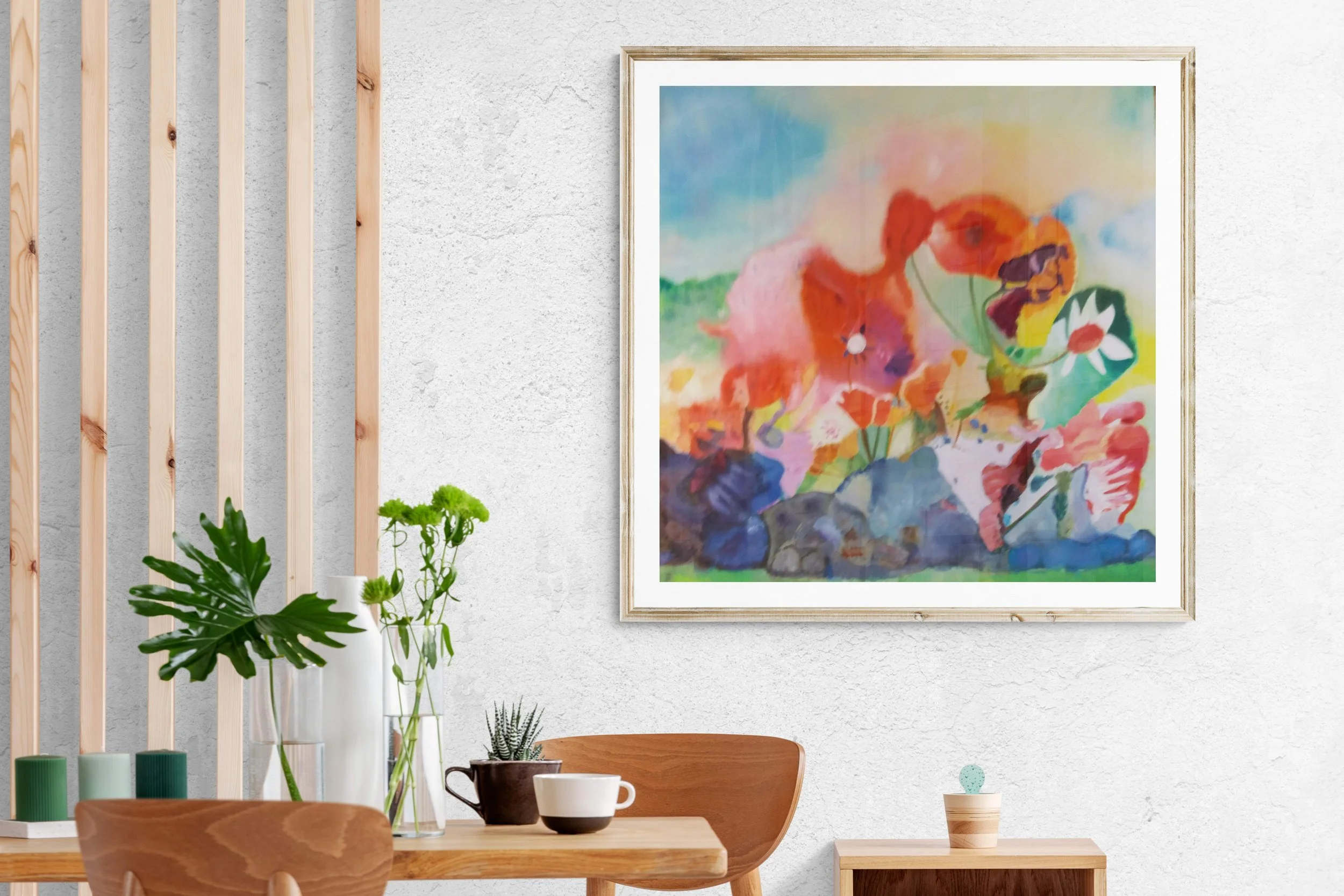 tableau floral-ccontemporain-fleurs de rocaille-fleurs rouges-100x100 cm .JPG